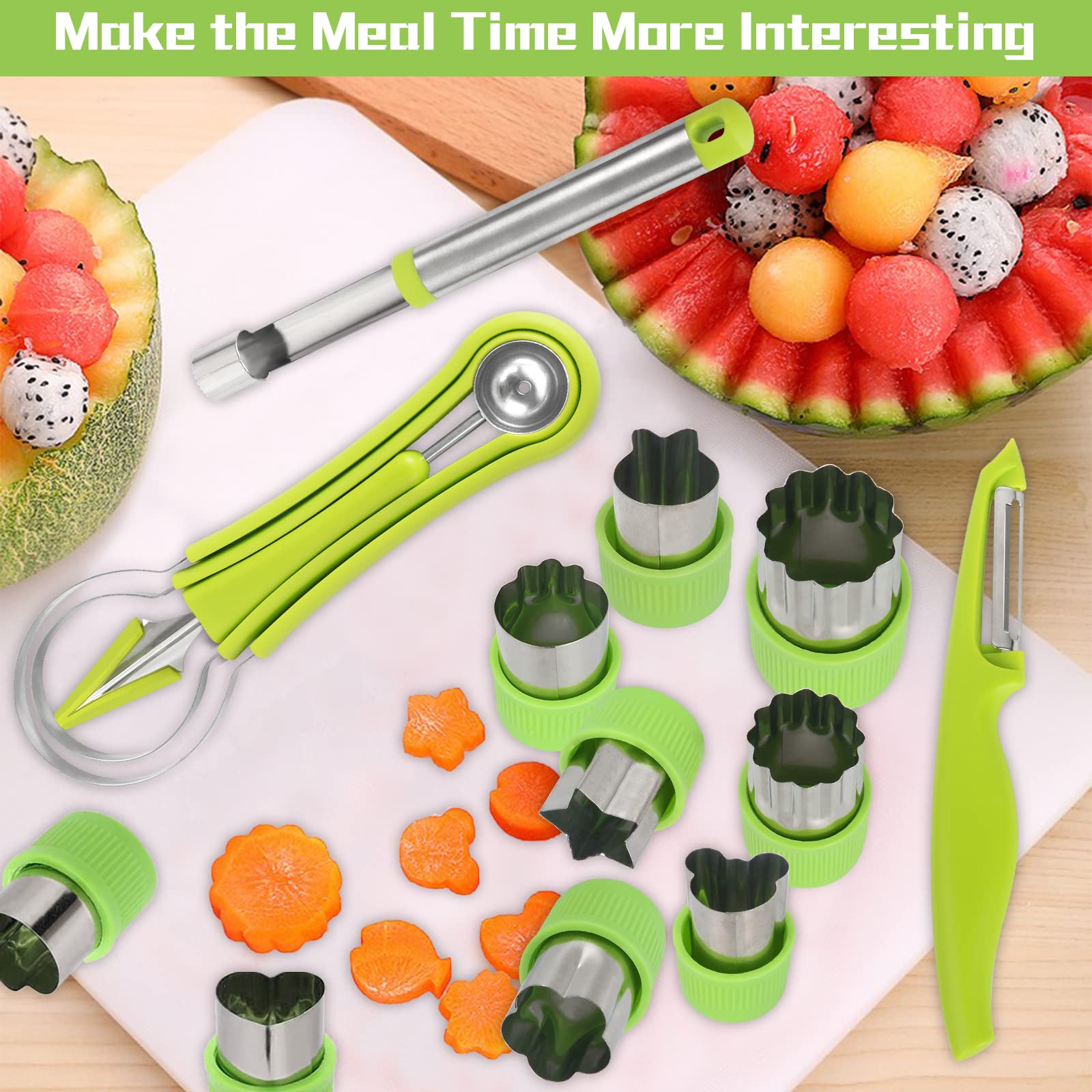 14-Piece Stainless Steel Melon Baller Scoop Set - 4-in-1 Fruit & Vegetable Tool Kit with Seed Remover, Peeler, Cutter & Pulp Separator - Perfect for Fruit Salad, Cocktail Garnishes & Kitchen Prep