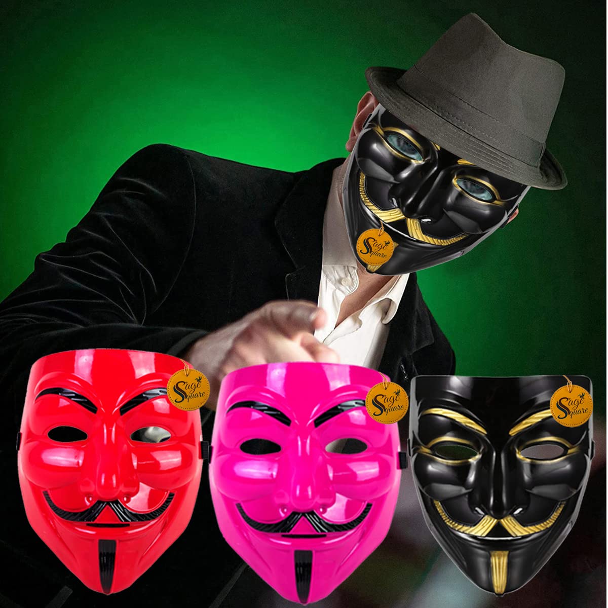 V for Vendetta Anonymous VIP Edition Face Mask - Sage Square Black, Pink & Red Set of 3 | Perfect Fit Cosplay Mask for Halloween, Protests & Movie Costumes | Fawkes Guy Fawkes Mask for Adults