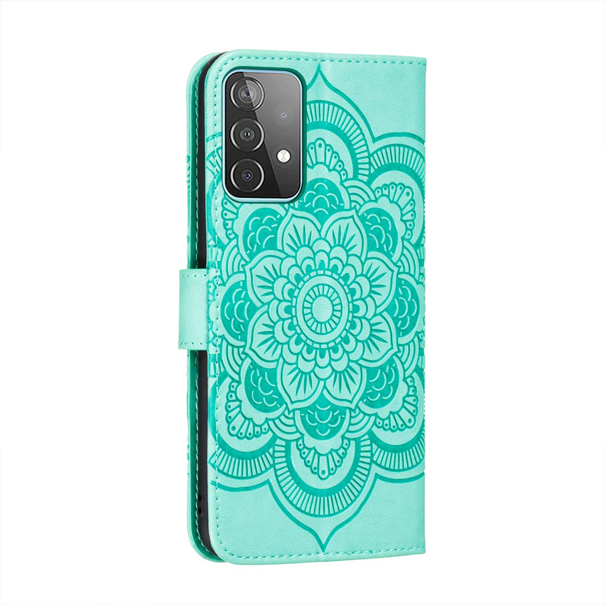Premium PU Leather Mandala Embossed Flip Wallet Case for Samsung Galaxy A52/A52 5G - Shockproof Phone Cover with Card Holder & Kickstand (Mandala Green) - Perfect for Work, Travel & Daily Protection