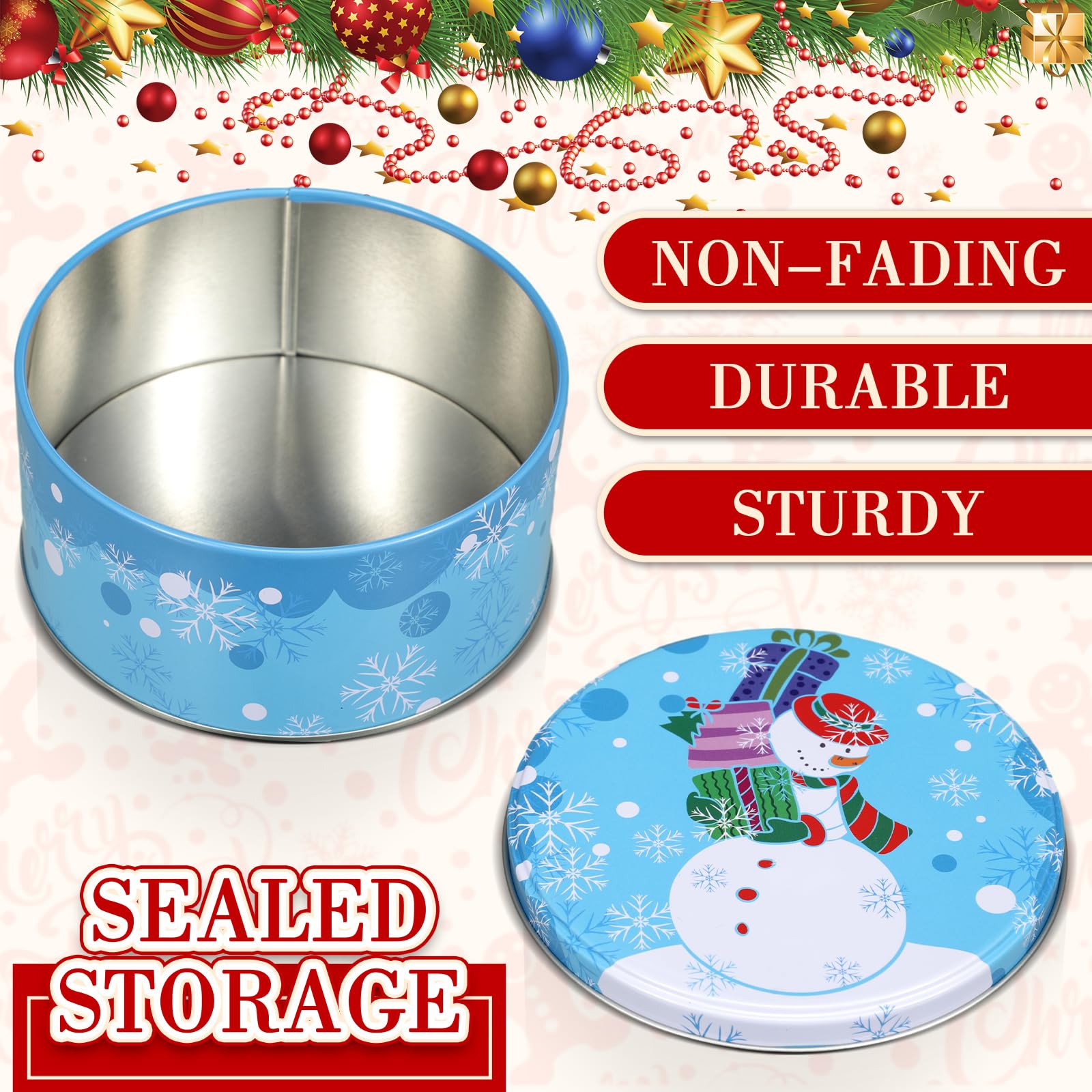 12 Pack Christmas Cookie Tins with Lids - Round Metal Holiday Gift Containers for Cookies, Candies & Party Favors - Classic Style Xmas Cookie Jars for Gift Giving, Baking & Holiday Decorations