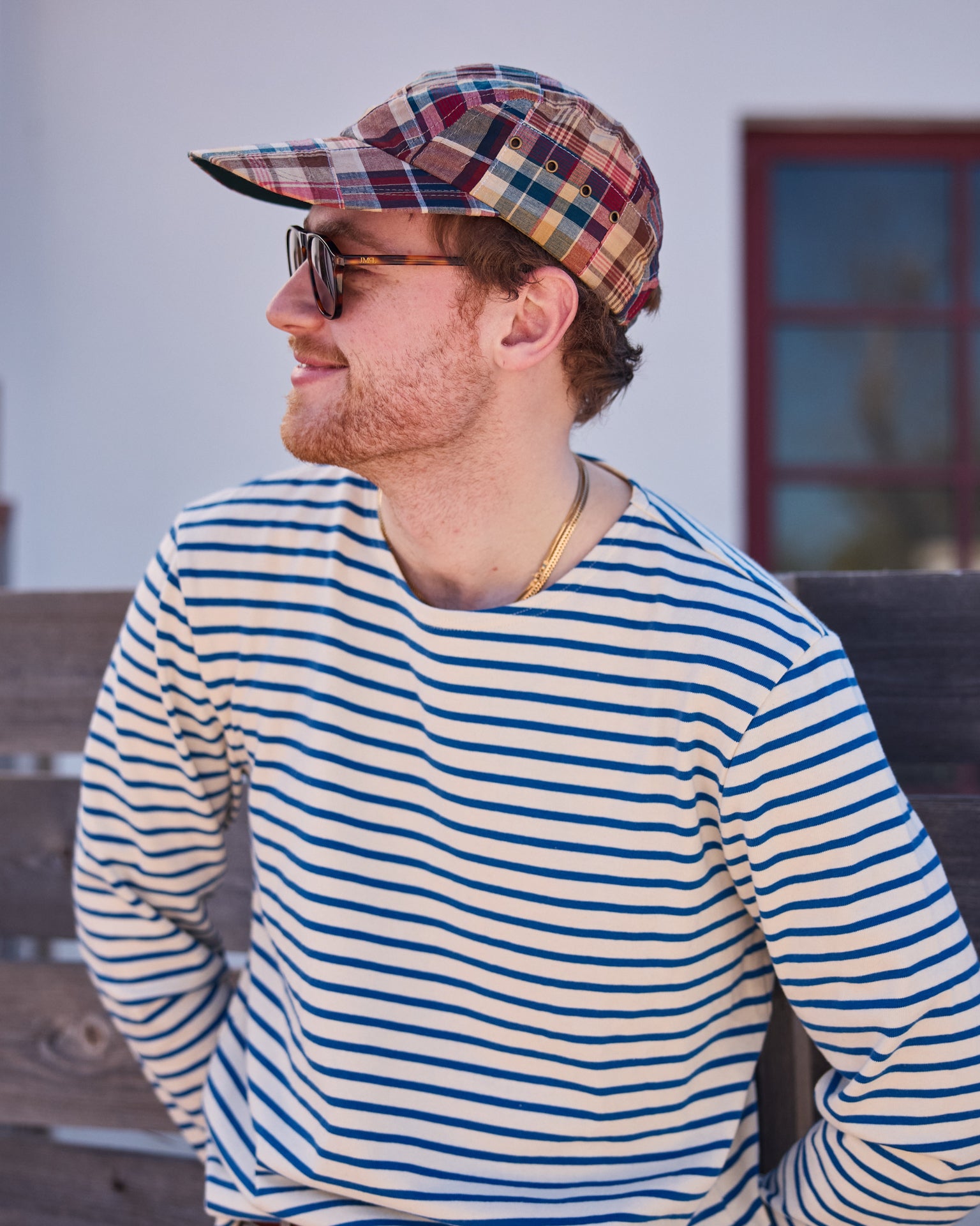 Men's Breton Stripe Boatneck T-Shirt - Off White & Atlantic Blue Cotton Crewneck Tee for Casual Wear, Weekend Outfits & French-Inspired Style