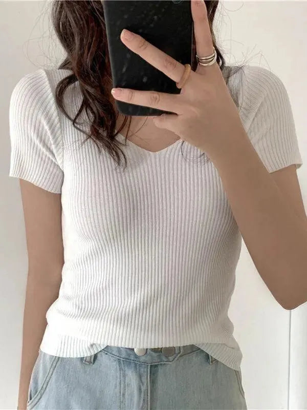 Solid V-Neck Sweater Top for Women - Soft & Comfortable Knit Pullover - Perfect for Casual Outfits, Office Wear & Fall Layering
