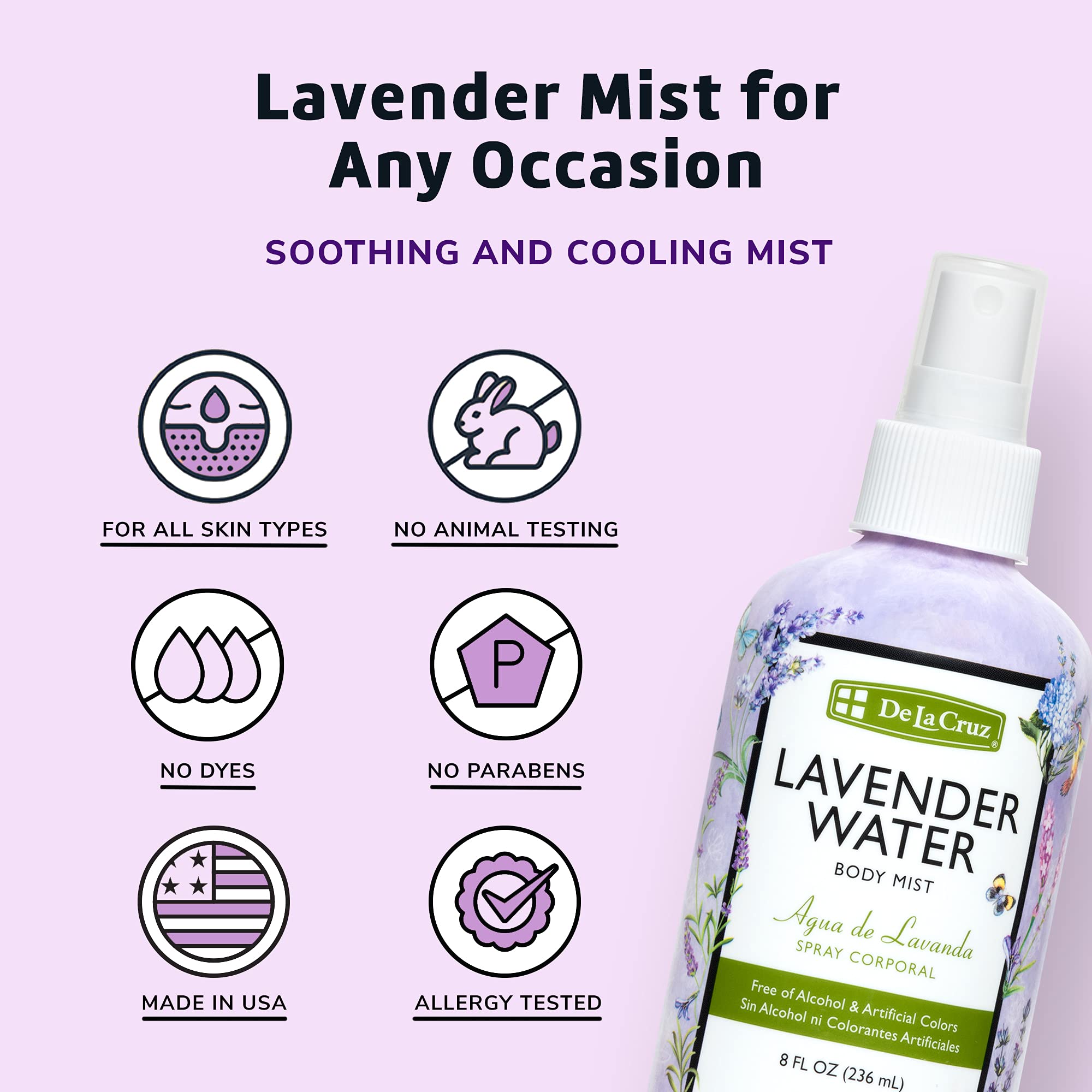 De La Cruz Lavender Water Body Mist - 8 fl oz (236 mL) Pure Lavender Essential Oil Spray for Relaxation & Aromatherapy | Perfect for Stress Relief, Yoga, Meditation & Home Spa Use