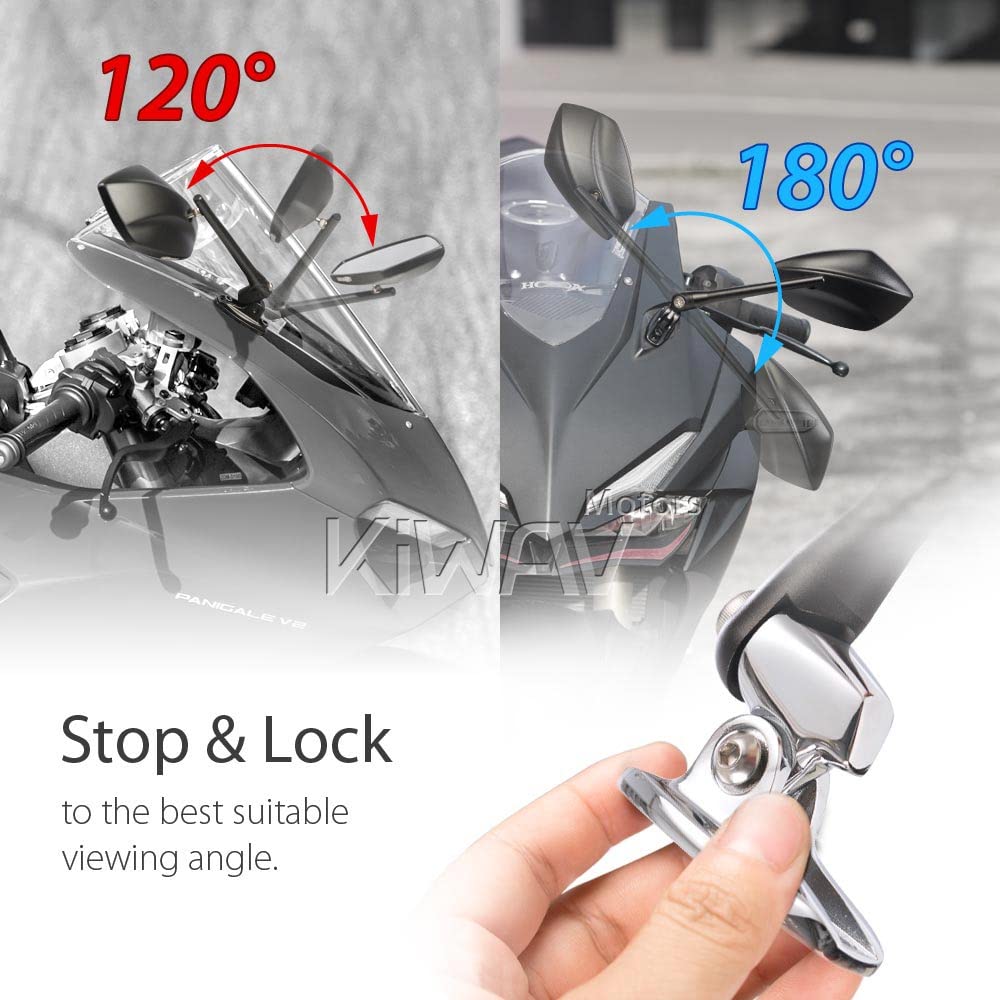 KiWAV Motorcycle Mirrors PalmII Black Fairing Mount with Chrome Adapter - Compatible with Ducati Panigale 899 959 1199 1299 - Durable Adjustable Rearview Mirrors for Enhanced Safety on Road Trips & City Commuting