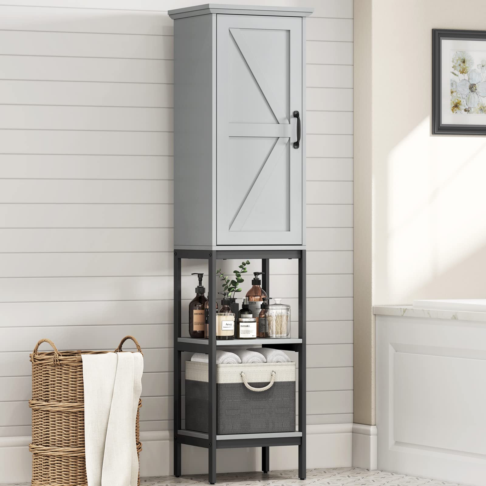 MXARLTR Tall Narrow Linen Storage Cabinet with Barn Door & 5 Shelves - Freestanding Slim Floor Cabinet with Storage Basket for Bathroom, Living Room & Kitchen - Perfect for Organizing Towels, Bedding & Home Essentials (Grey)