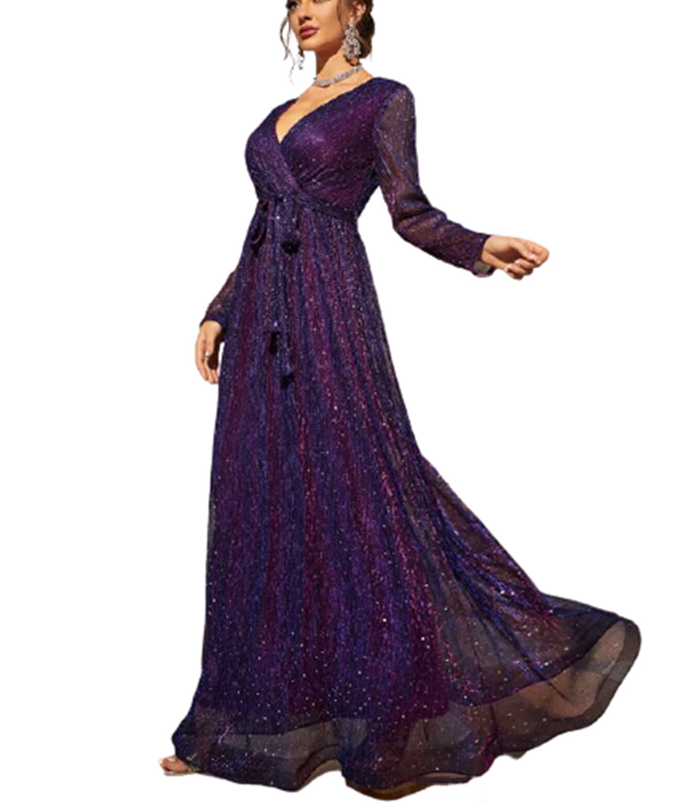 Elegant Long Sleeve Sequin V-Neck A-Line Evening Gown for Women - Formal Party Dresses for Prom, Wedding, Cocktail & Special Occasions