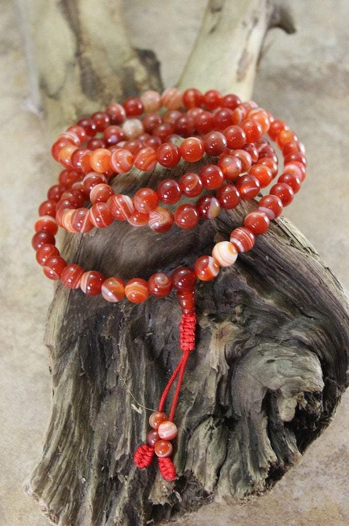 108 Bead Striped Red Agate Tibetan Mala Prayer Necklace - Buddhist Meditation Beads for Yoga, Mindfulness & Spiritual Healing