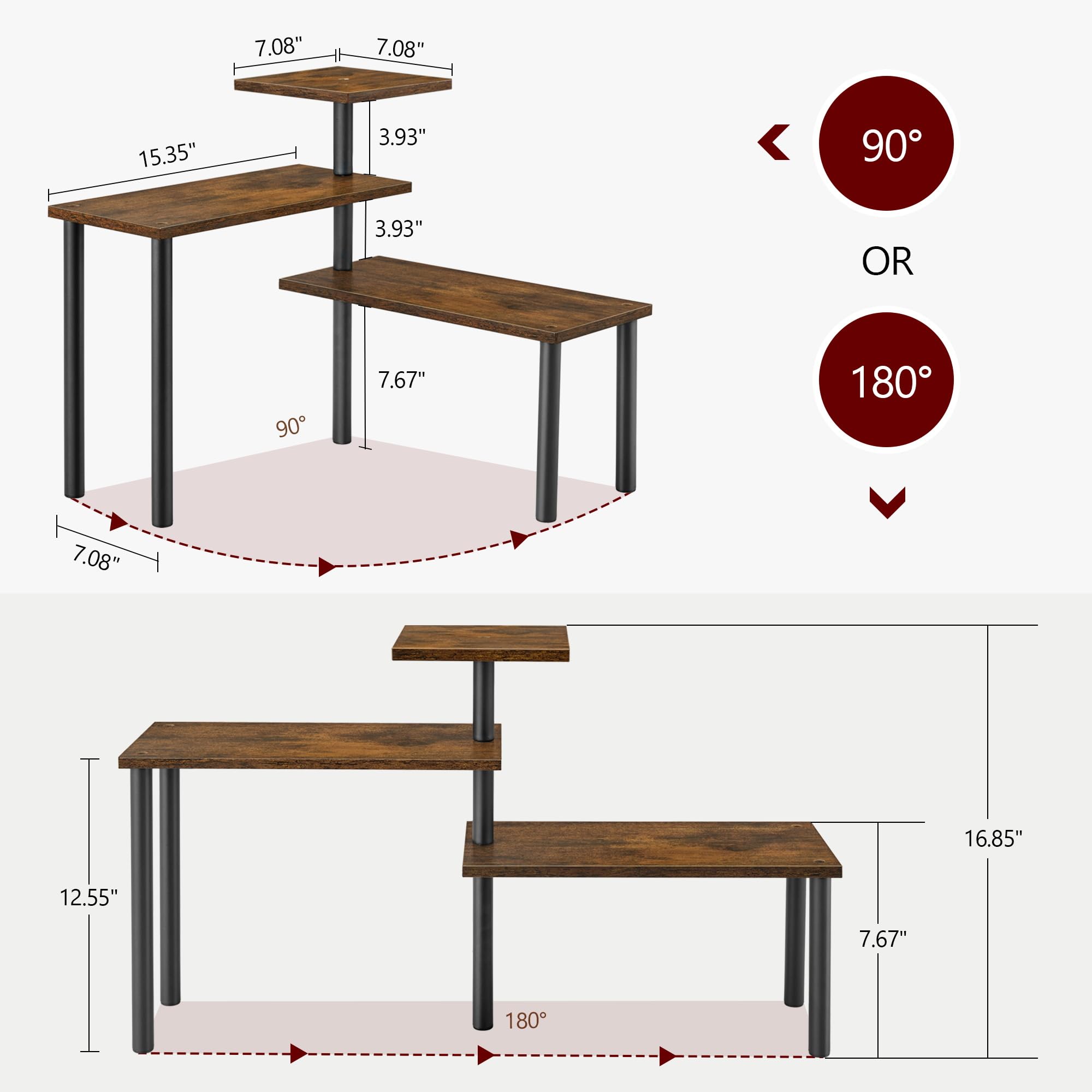 3-Tier Rustic Brown Countertop Organizer Corner Shelf - Adjustable Kitchen & Bathroom Storage for Spices, Coffee, Over Sink - Perfect for Small Space Organization in Pantry, Vanity & Dressing Tables
