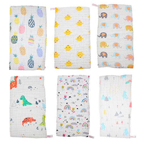EXCEART 6-Pack Soft Muslin Baby Washcloths - 100% Cotton Cartoon Face Towels for Newborn, Infant & Toddler - Absorbent Burp Cloths, Drool Bibs & Bath Towels - Perfect Baby Shower Gift & Daily Care Essential