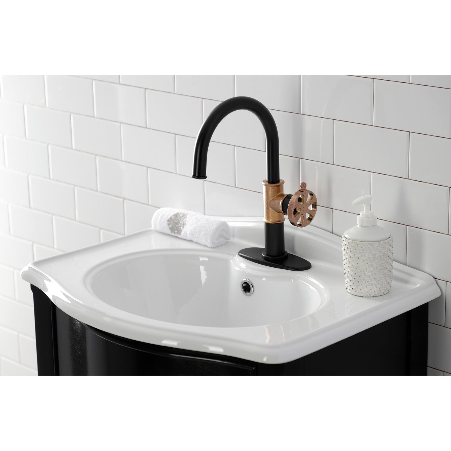 Belknap KSD2237RX Single Handle 1-Hole Bathroom Sink Faucet with Deck Plate & Push Pop-Up Drain - Matte Black/Rose Gold Finish for Modern Vanities & Powder Rooms