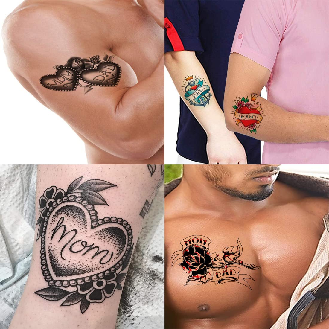 Premium Temporary TattooWala Heart Black Mom Dad Infinity Design Tattoo Stickers - Pack of 4 Waterproof Fake Tattoos for Men & Women (2x4 Inch) - Perfect for Parties, Festivals & Body Art Expression