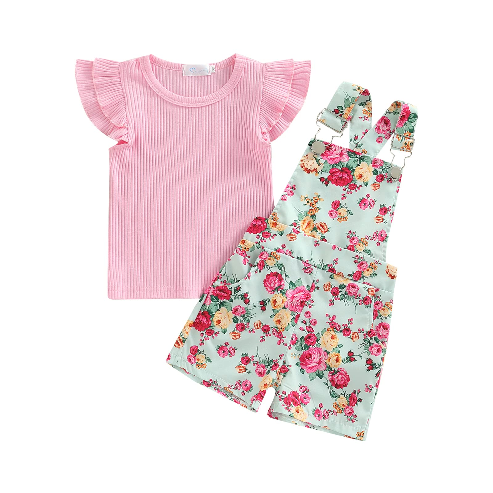 Toddler Baby Girl Summer Outfit - Flutter Sleeve T-Shirt + Floral Suspender Overalls Shorts | Playtime & Casual Wear