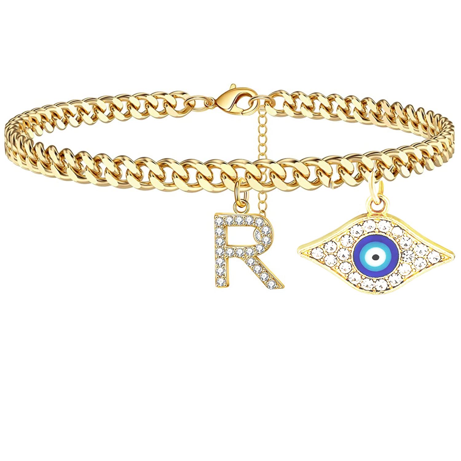 18K Gold Plated Dainty Cuban Link CZ Initial Anklet Bracelet for Women - Evil Eye Protection, Summer Jewelry Gift for Teen Girls & Women - Perfect for Beach Vacations, Date Nights & Everyday Wear