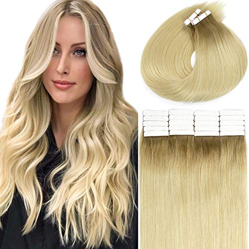 18 Inch Tape-in Human Hair Extensions Golden Brown with Bleach Blonde Roots (R#10/613) - 20pcs 50g Premium Remy Straight Hair Skin Weft for Natural Look - Perfect for Daily Styling, Parties & Special Occasions