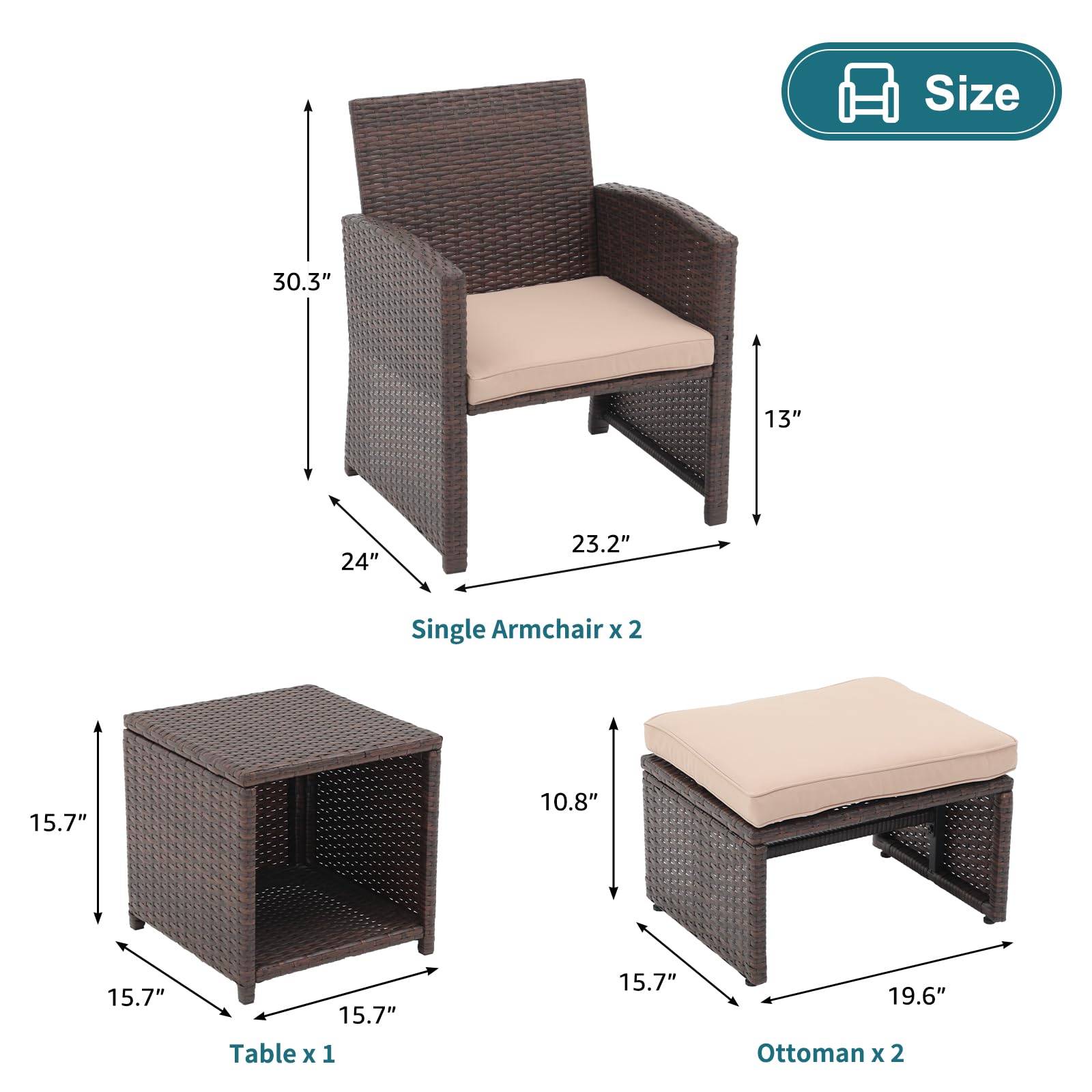 OC Orange-Casual 5-Piece Patio Conversation Set with Cushions - Brown Wicker Chairs, Ottoman & Storage Table - Outdoor Furniture for Backyard, Garden, Porch, Balcony - Perfect for Relaxing, Entertaining & Lounging in Your Outdoor Space