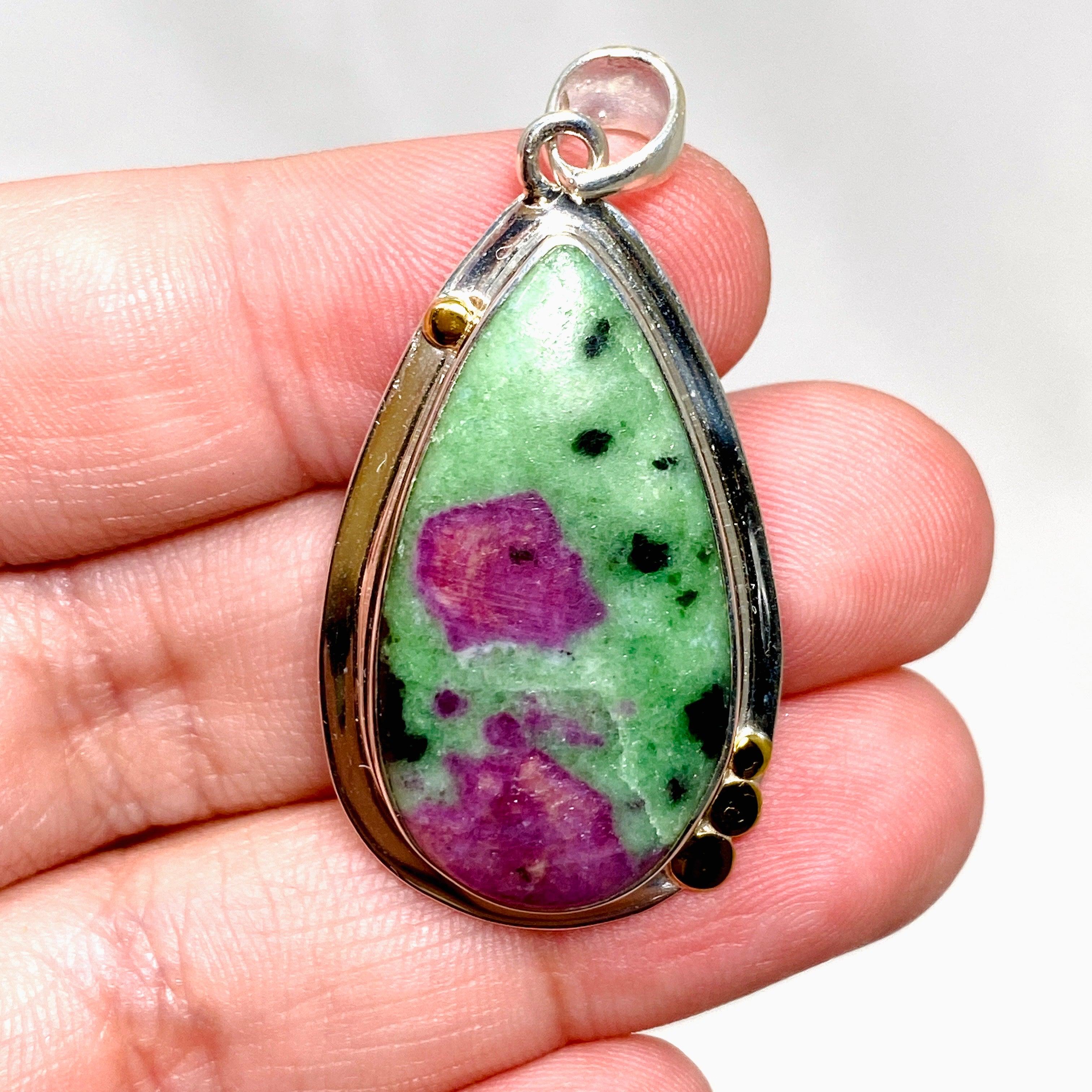 Natural Ruby in Zoisite Teardrop Pendant Necklace - Handcrafted Sterling Silver Jewelry KPGJ4494 | Perfect for Spiritual Healing, Meditation & Elegant Occasions