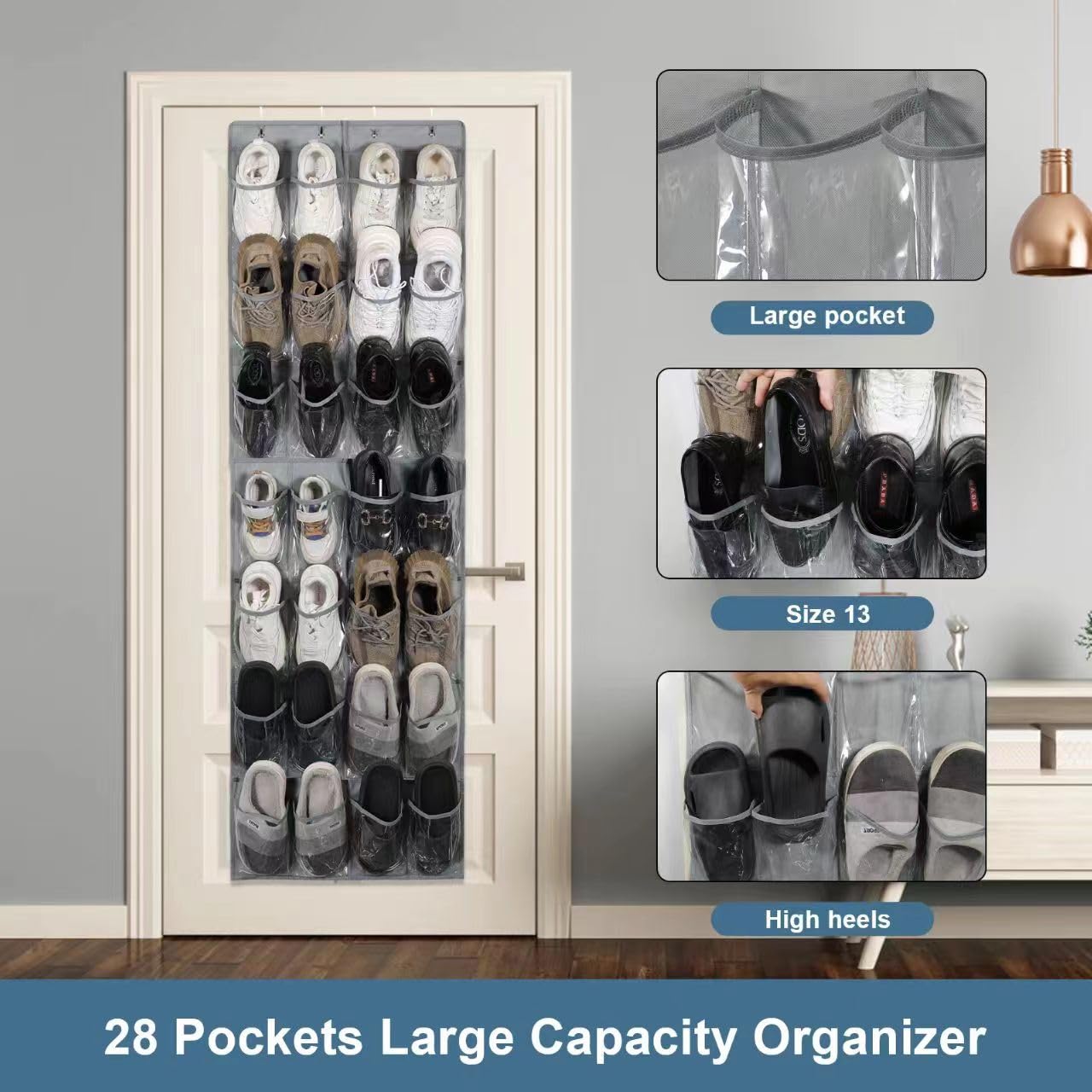 28-Pocket Over The Door Shoe Organizer - Hanging Mesh Shoe Rack with Clear Crystal Gray Design (65