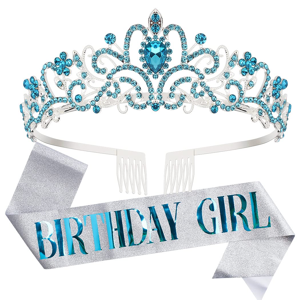 Elegant Blue Birthday Crown & Rhinestone Tiara Set for Women and Girls - Perfect for Birthday Parties, Special Occasions, and Photo Shoots