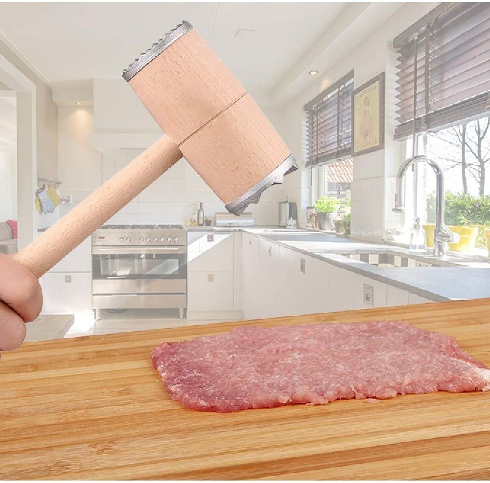 Premium Wooden Meat Tenderizer Hammer - Heavy Duty Stainless Steel Teeth Mallet for Steak & Poultry - Ergonomic Comfort Grip Kitchen Tool for Grilling, BBQ & Home Cooking