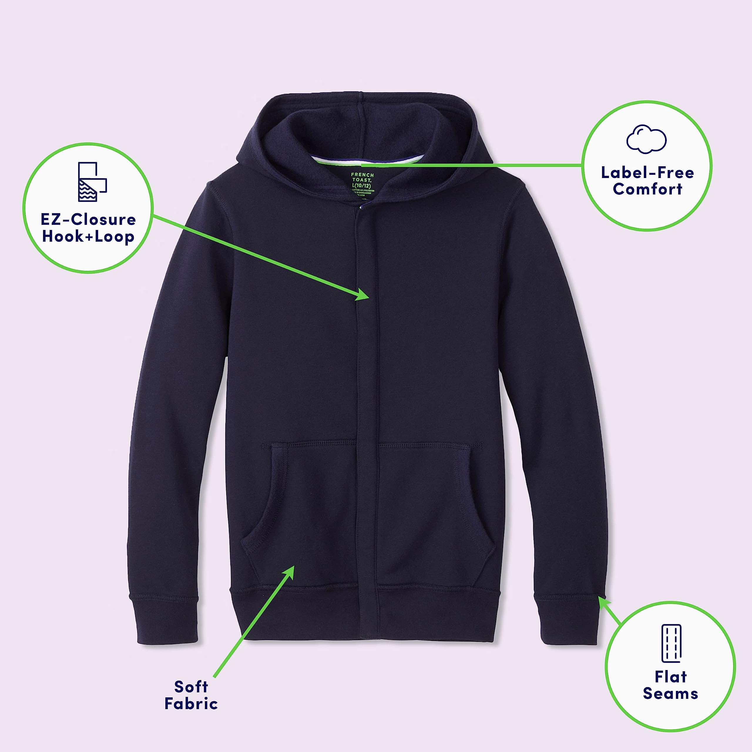 French Toast Kids' Adaptive Long Sleeve Fleece Hoodie - Sensory Friendly with Flat Seams & Hidden Hook Loop Closure - Comfortable for School, Therapy & Outdoor Play