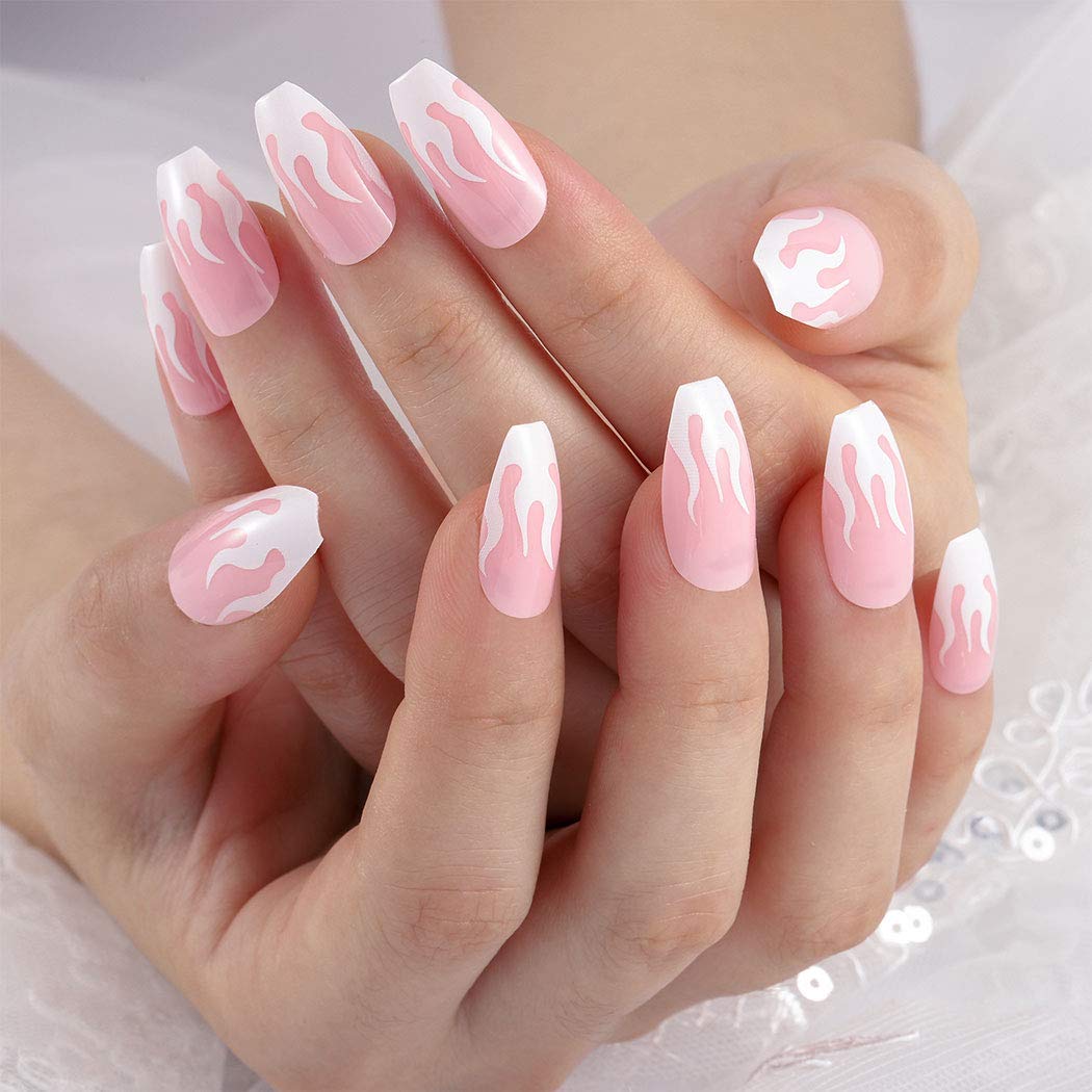 Uranian Coffin Medium Long Press on Nails - Pink Fire Glossy French Ballerina Fake Nails, 24pcs Full Cover Acrylic False Nails for Women & Girls, Halloween Nail Art (Style 3) - Perfect for Parties, Cosplay & Special Occasions