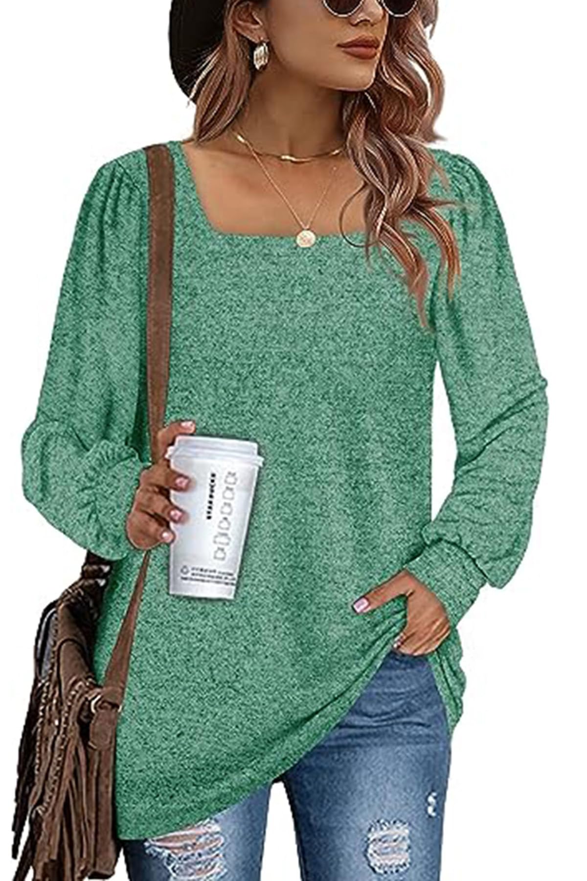 SWEET POISON Women's Fall Sweatshirt - Puff Sleeve Casual Top, Cute Green Pullover for Walking, Going Out & Everyday Wear | Cozy Ladies Sweater & T-Shirt Alternative