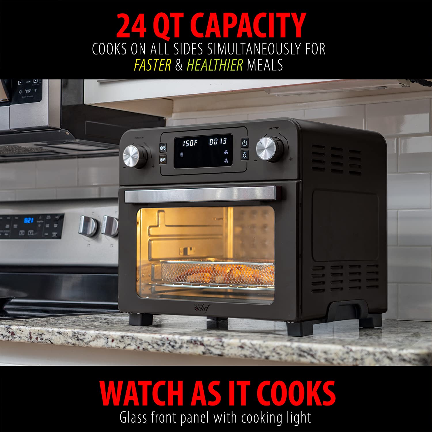 Deco Chef 24 QT 1700W Stainless Steel Toaster Oven with Air Fryer, Rotisserie, Grill Rack & Baking Pan - Perfect for Baking, Roasting, Air Frying & Family Cooking