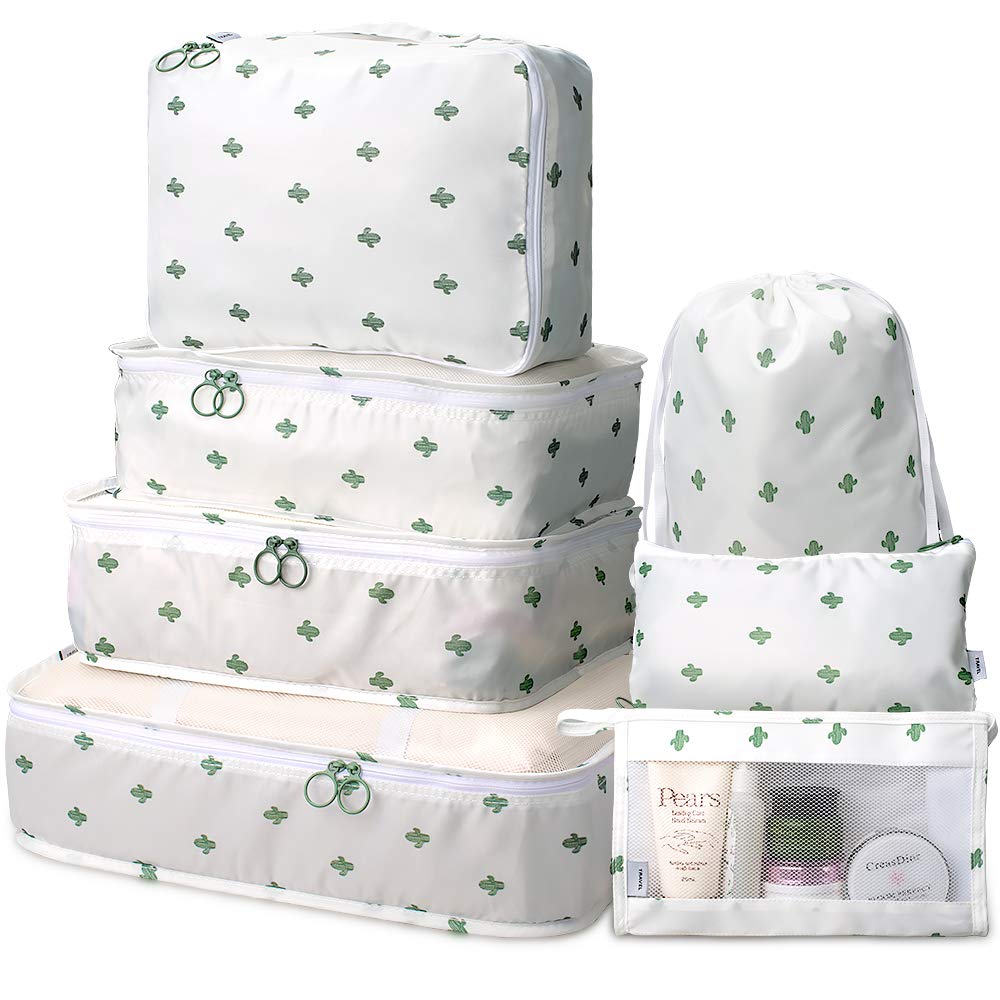 7-Piece Travel Packing Cubes Set with Toiletry Bag - White Cactus Design | Space-Saving Luggage Organizers for Suitcases, Backpacks & Carry-Ons | Perfect for Business Trips, Vacations & Weekend Getaways