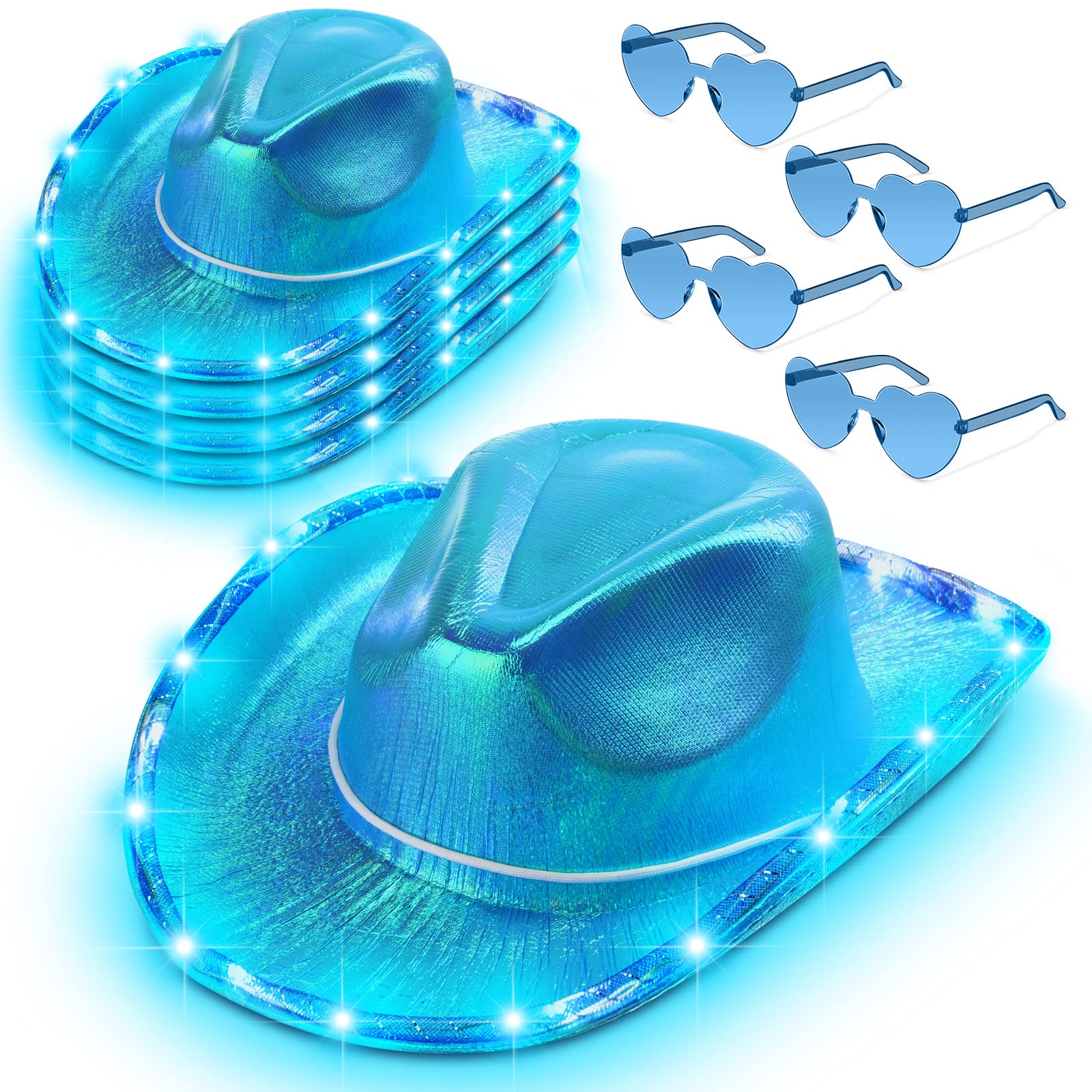 Zhanmai 8-Piece Cowgirl Costume Set - LED Light Up Cowboy Hat & Heart Sunglasses for Women & Girls - Sparkly Western Party Accessories for Halloween, Rodeo, Music Festivals & Themed Events