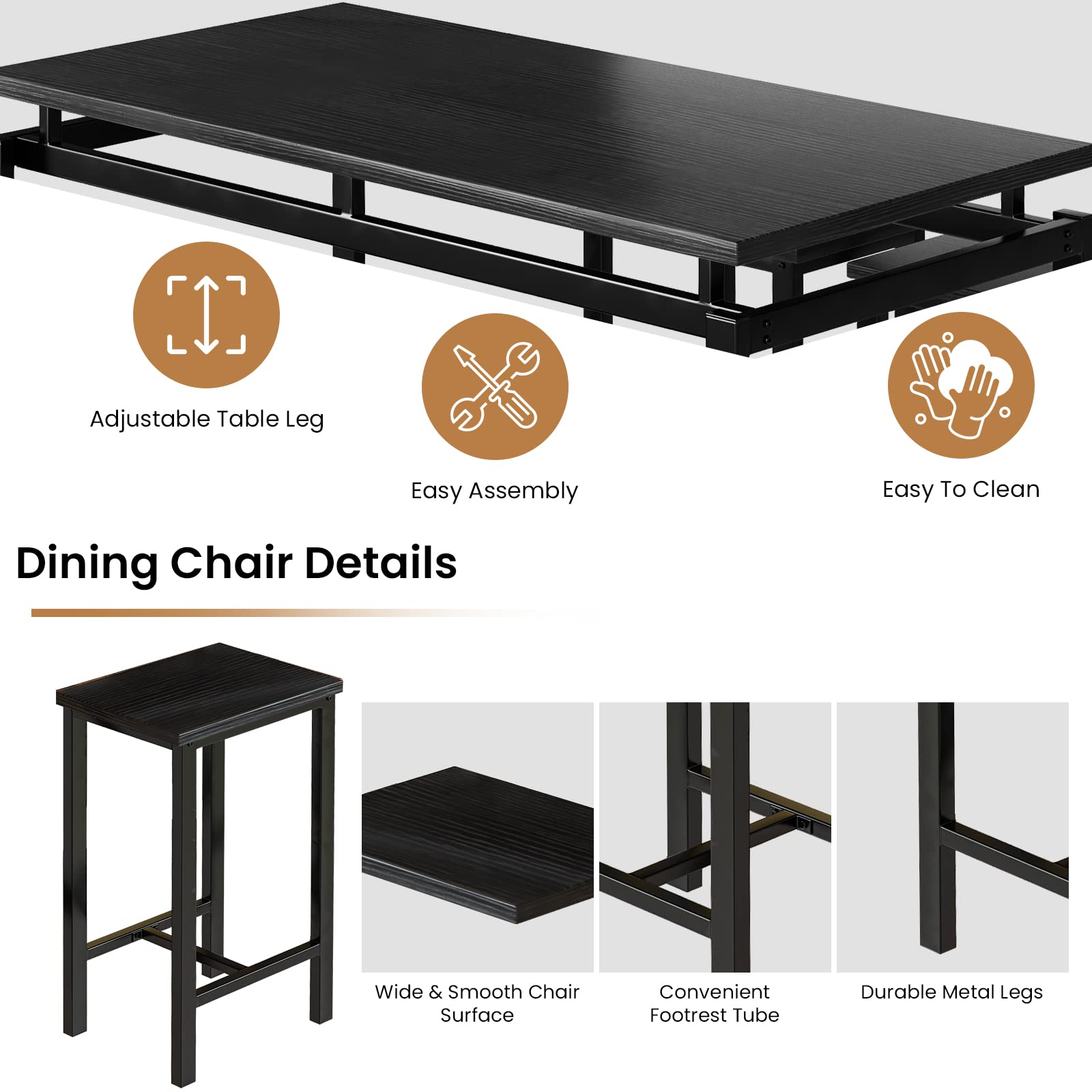 Modern 5-Piece Dining Table Set for 4 with Wooden Top & Adjustable Metal Legs - Compact Kitchen Table and Chairs for Small Spaces - Perfect for Apartments, Breakfast Nooks & Cozy Dining Areas