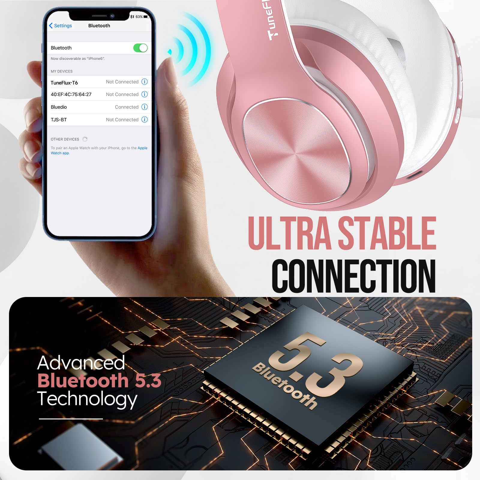 TuneFlux Wireless Bluetooth Over Ear Headphones with 80H Playtime, 3EQ Sound Modes, HiFi Stereo & Deep Bass - Foldable Bluetooth 5.3 Headset for Smartphone, PC, Laptop - Rose Gold | Perfect for Travel, Workouts & Home Office Use