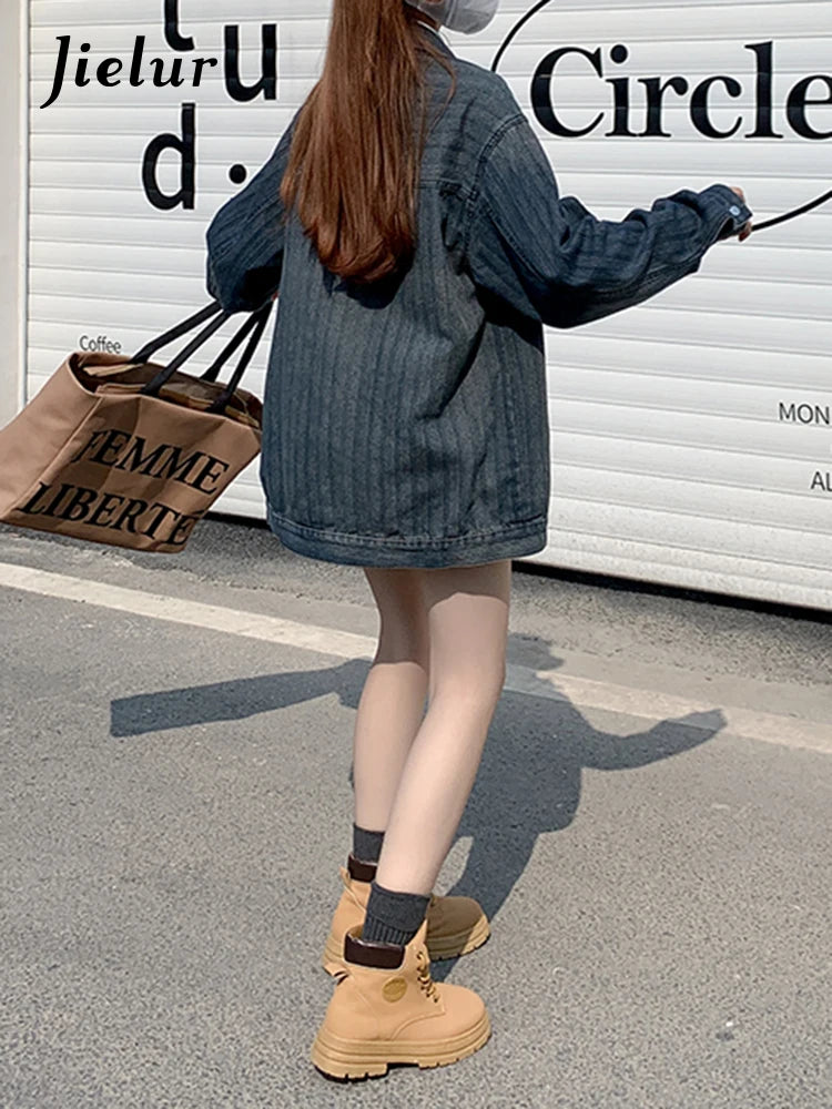 Vintage Striped Denim Jacket for Women - Autumn Long Sleeve Loose Fit Single Breasted Coat with Lapel, Streetwear Gradient Top (S-XL) | Casual Outing, Fall Fashion, Boho Style