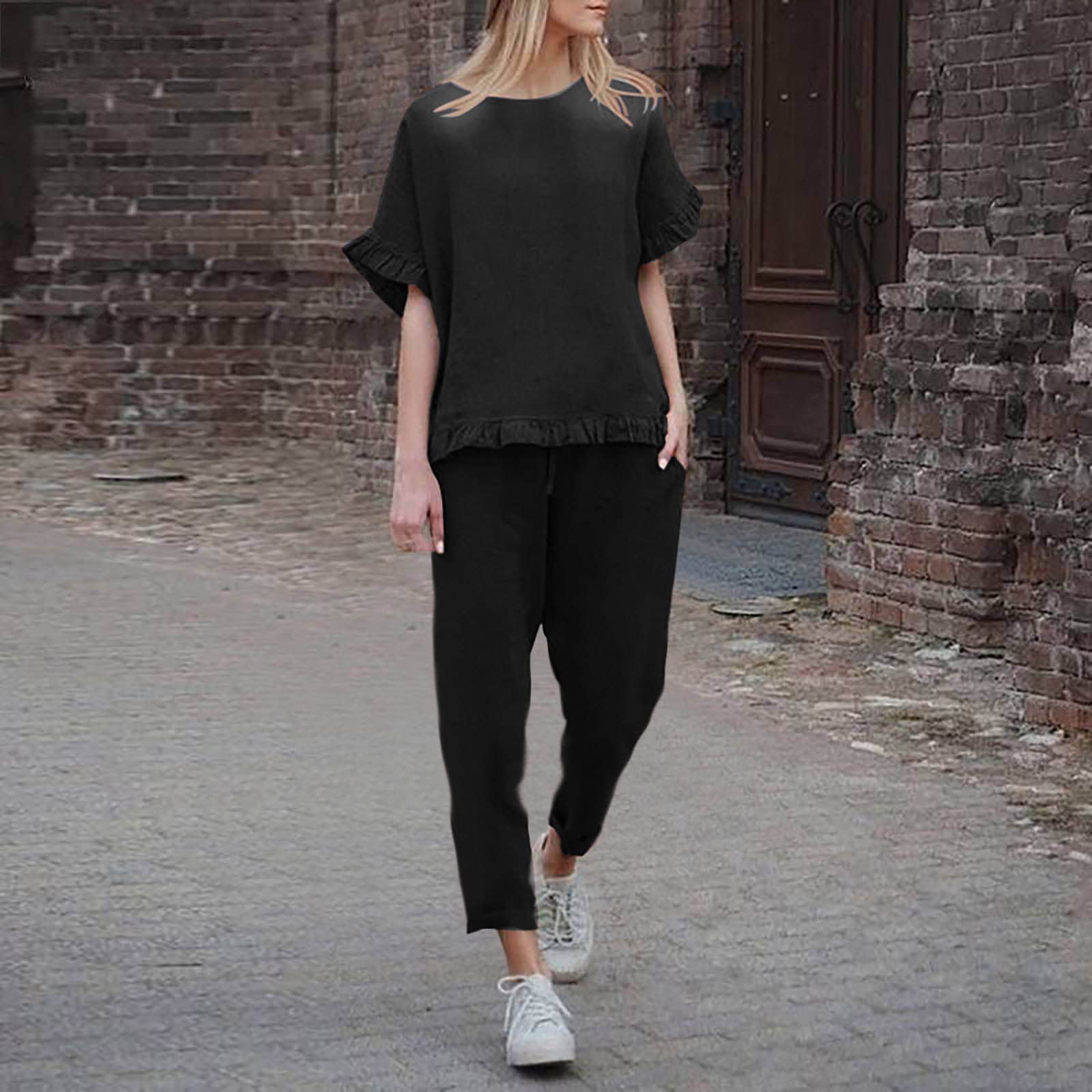 Cozy Women's 2-Piece Knit Lounge Set - Soft Black Loungewear Outfit for Relaxing at Home, Brunch Dates & Casual Wear | Comfortable French Terry Jumpsuit Alternative