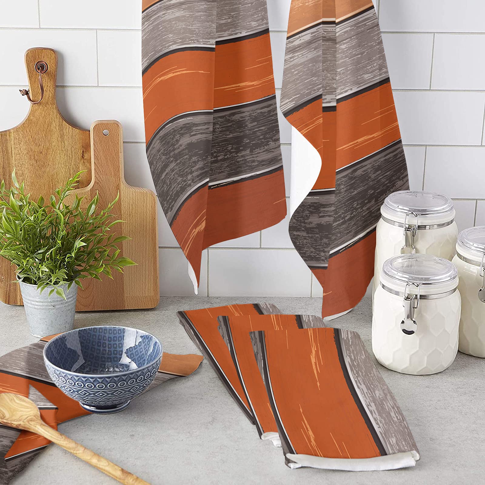 Farmhouse Rustic Kitchen Towels Set of 2 - 16x28 Inch Soft Cotton Dish Cloths, Tea Towels & Hand Towels in Burnt Orange & Grey - Perfect for Farmhouse Decor, Dish Drying & Bar Use