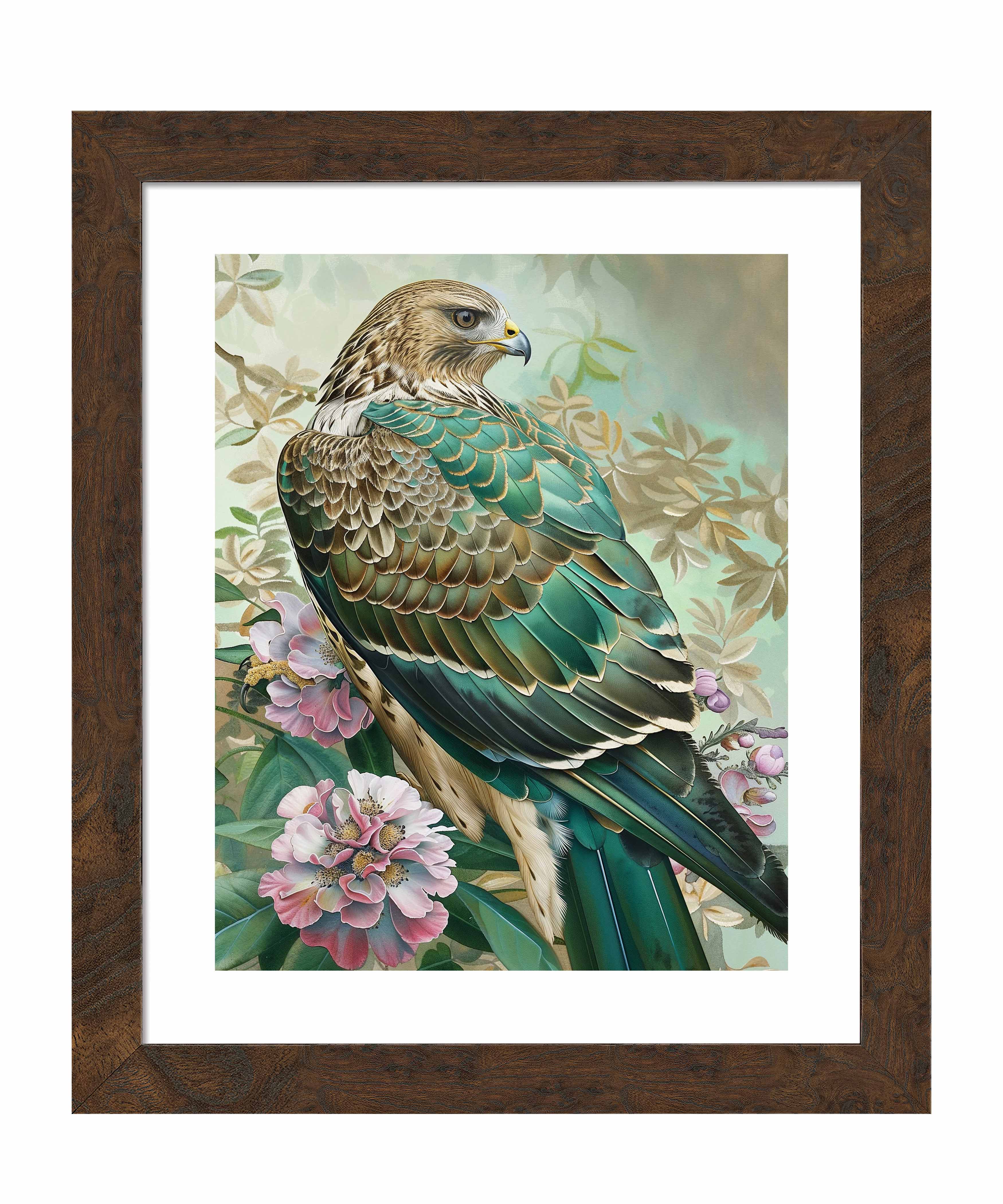 Emerald Majesty Hawk Amidst Blossoms Wall Art Print - Stunning Nature Wildlife Decor for Living Room, Bedroom & Office