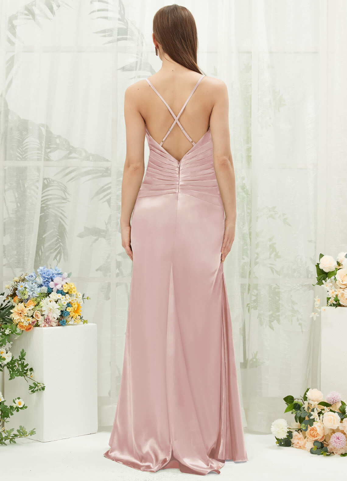 Elegant Blush Satin Cowl Neck Backless Long Bridesmaid Dress with Adjustable Straps - Perfect for Weddings, Formal Events & Evening Parties