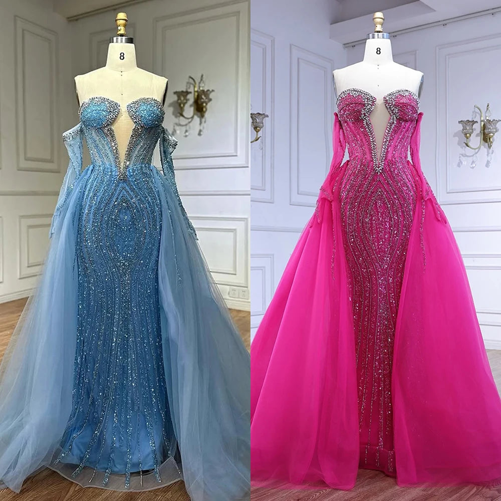 Luxury Dubai Arabia Blue Mermaid Evening Dress with Gloves & Overskirt - Formal Gown for Prom, Wedding, Red Carpet Events | Elegant Women's Party Dress LA72582