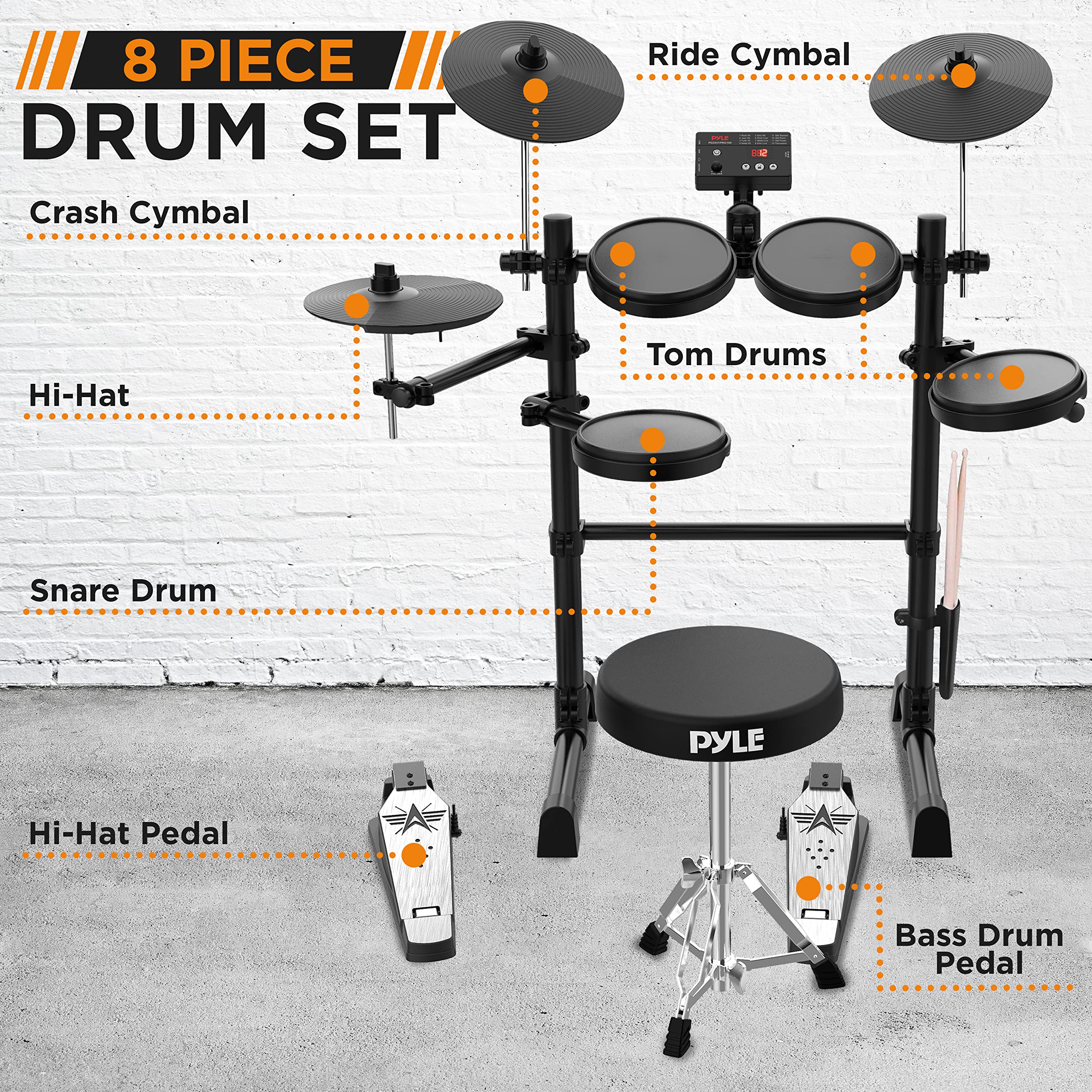 Pyle 7-Piece Electric Drum Kit with MIDI Support, 200+ Preloaded Sounds, Record Mode & Digital Foot Pedal - Professional Electronic Drum Set for Beginners & Musicians - Perfect for Home Practice, Studio Recording & Live Performances