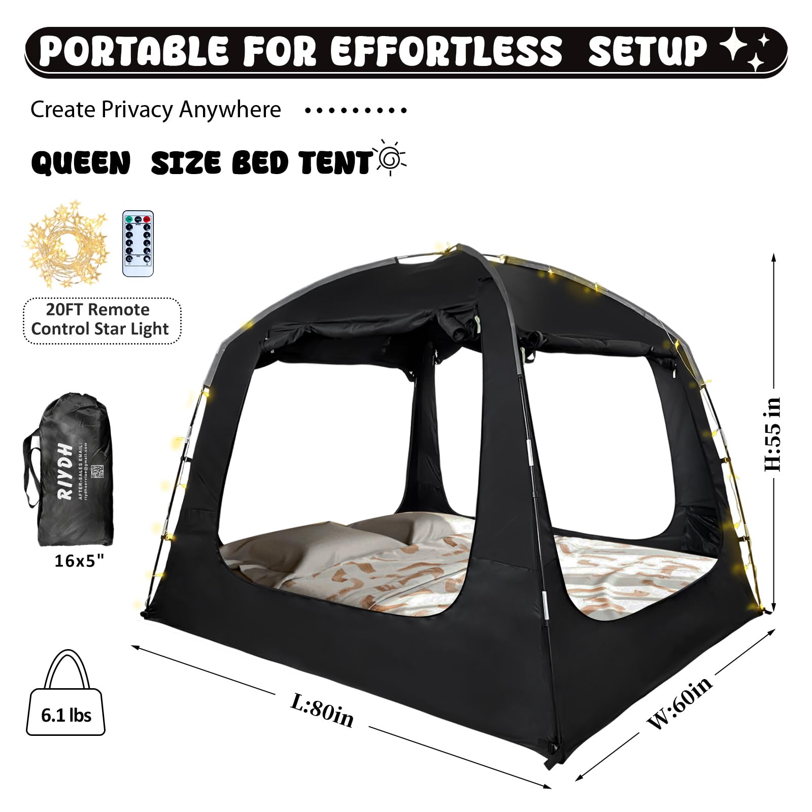 Breathable Bed Tent Canopy for Adults & Kids - Light Reduction Sleeping Dream Tent with String Lights - Indoor Portable Big Space - 4 Doors - Fits Twin, Full, Queen & King Size Beds - Perfect for Camping, Sleepovers & Privacy at Home