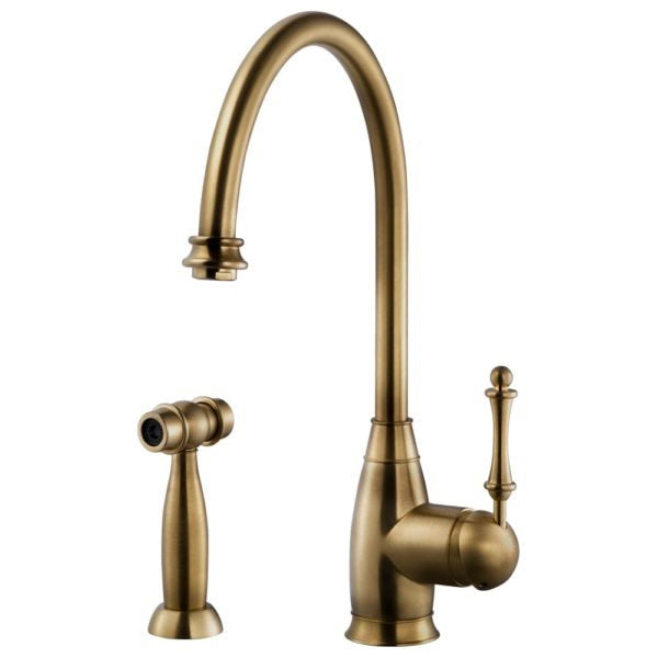 Hamat EXSH 4000 AB Traditional Brass Single Lever Kitchen Faucet with Pull Down Side Spray - Antique Brass Finish for Farmhouse & Vintage Style Sinks