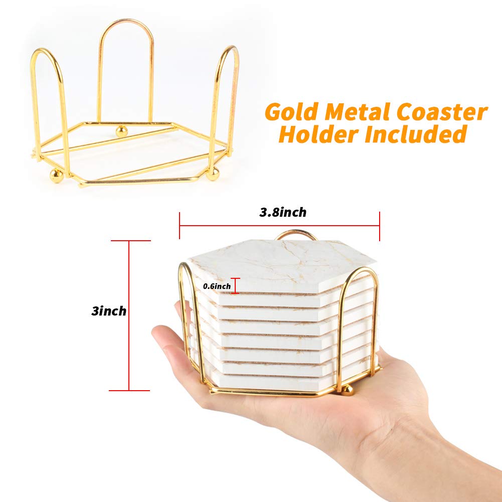 Premium Absorbent Marble Drink Coasters Set of 8 with Cork Base - Gold Ceramic Cup Coasters with Metal Holder for Wooden Tables - Rustic Home Decor for Living Room, Bar & Housewarming Gifts (4 Inch) - Perfect for Coffee Tables, Dinner Parties & Protecting Furniture Surfaces