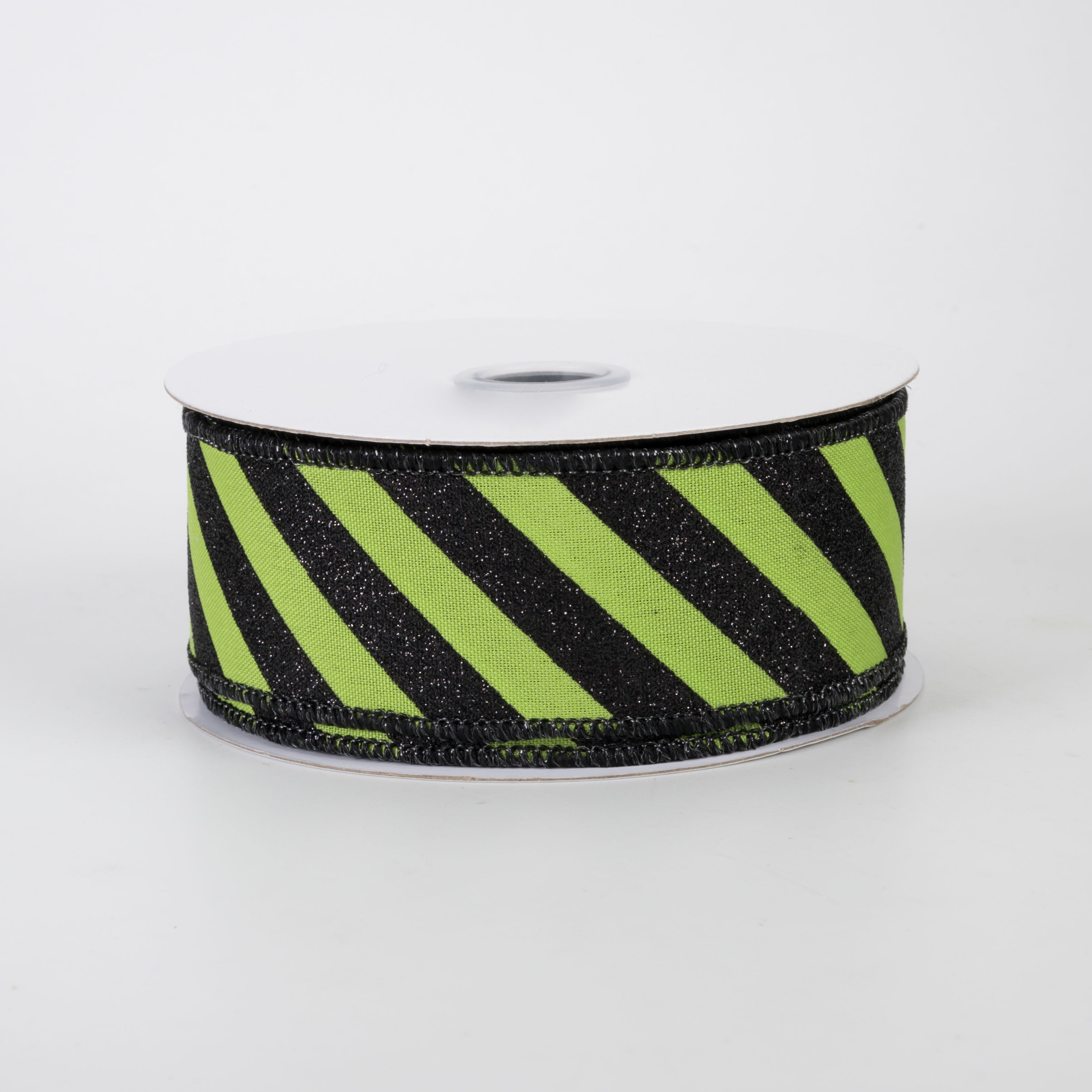 1.5 Inch Diagonal Glitter Stripe Canvas Ribbon - Black on Lime Green (10 Yards) for Gift Wrapping, DIY Crafts, Scrapbooking & Party Decorations