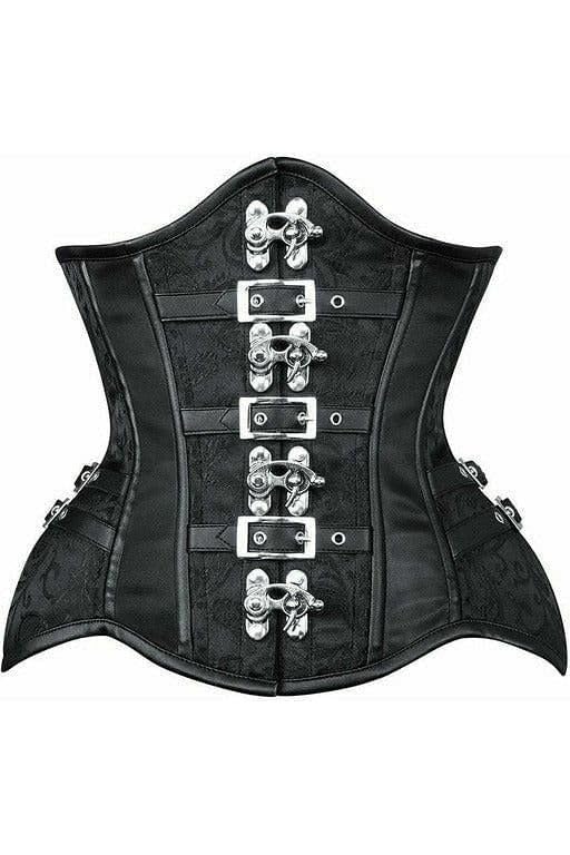**Women's Black Brocade Steel Boned Underbust Corset with Buckles – Daisy Corsets Top Drawer Collection for Waist Training, Burlesque & Vintage Fashion**