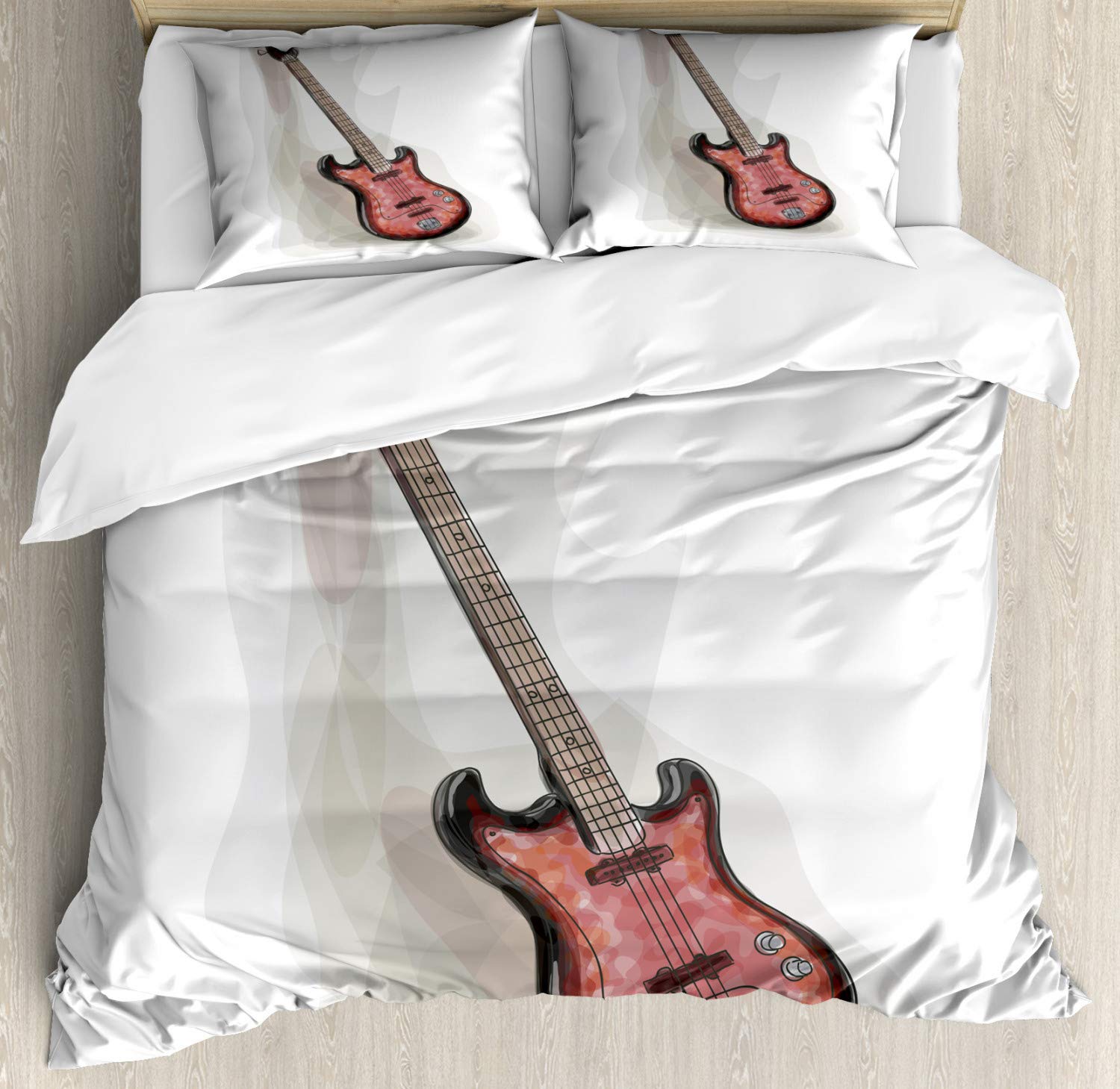 Lunarable Bass Guitar Duvet Cover Set - Rock & Roll Theme Grunge Watercolor Design, 3-Piece Bedding Set with 2 Pillow Shams, California King Size in Pale Grey & Charcoal Grey - Perfect for Music Lovers' Bedrooms, Rock Theme Decor & Gift for Guitar Enthusiasts