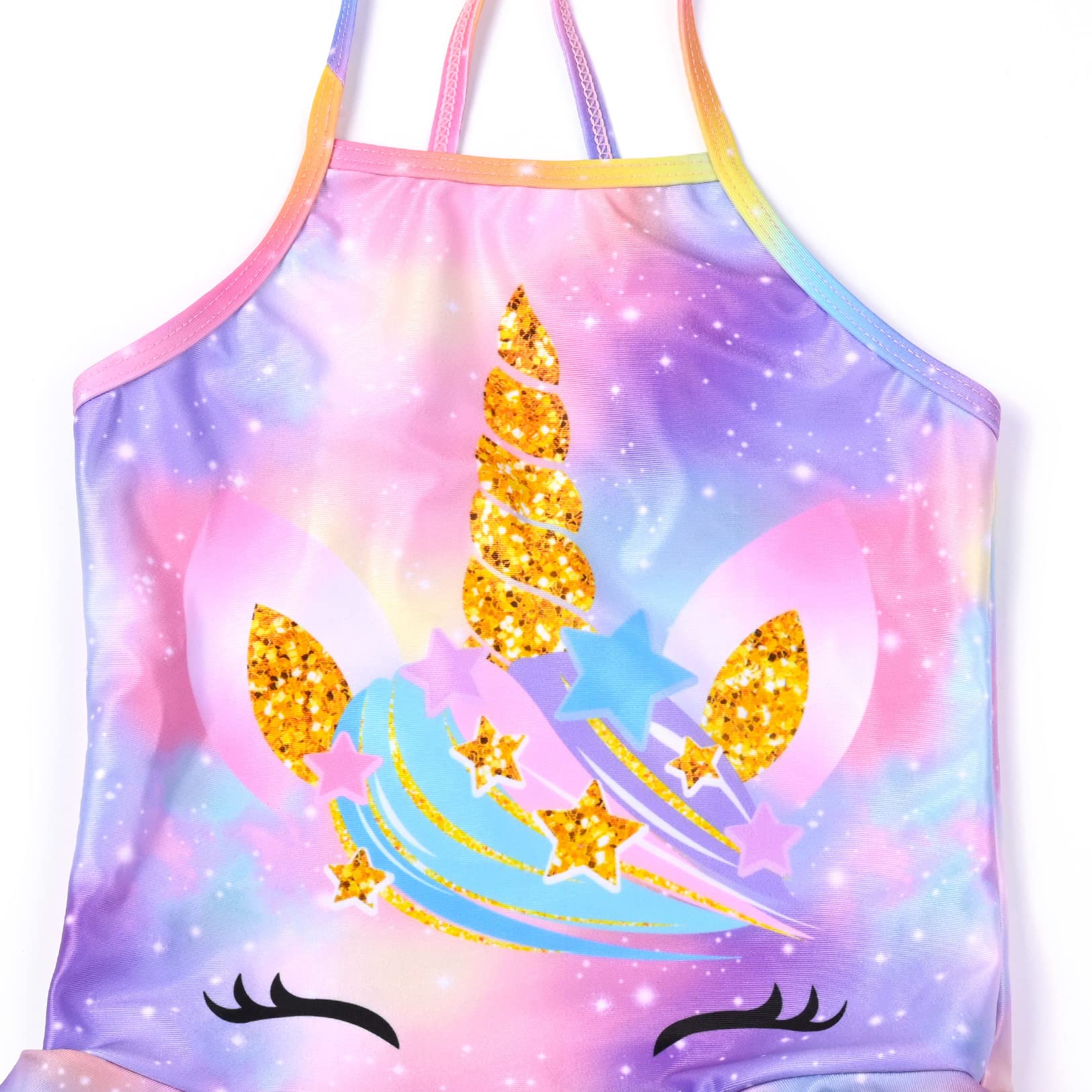 QPANCY Girls One Piece Swimsuit with Ruffle & Unicorn Print - Adjustable Strap Bathing Suit for Beach, Pool & Summer Water Activities