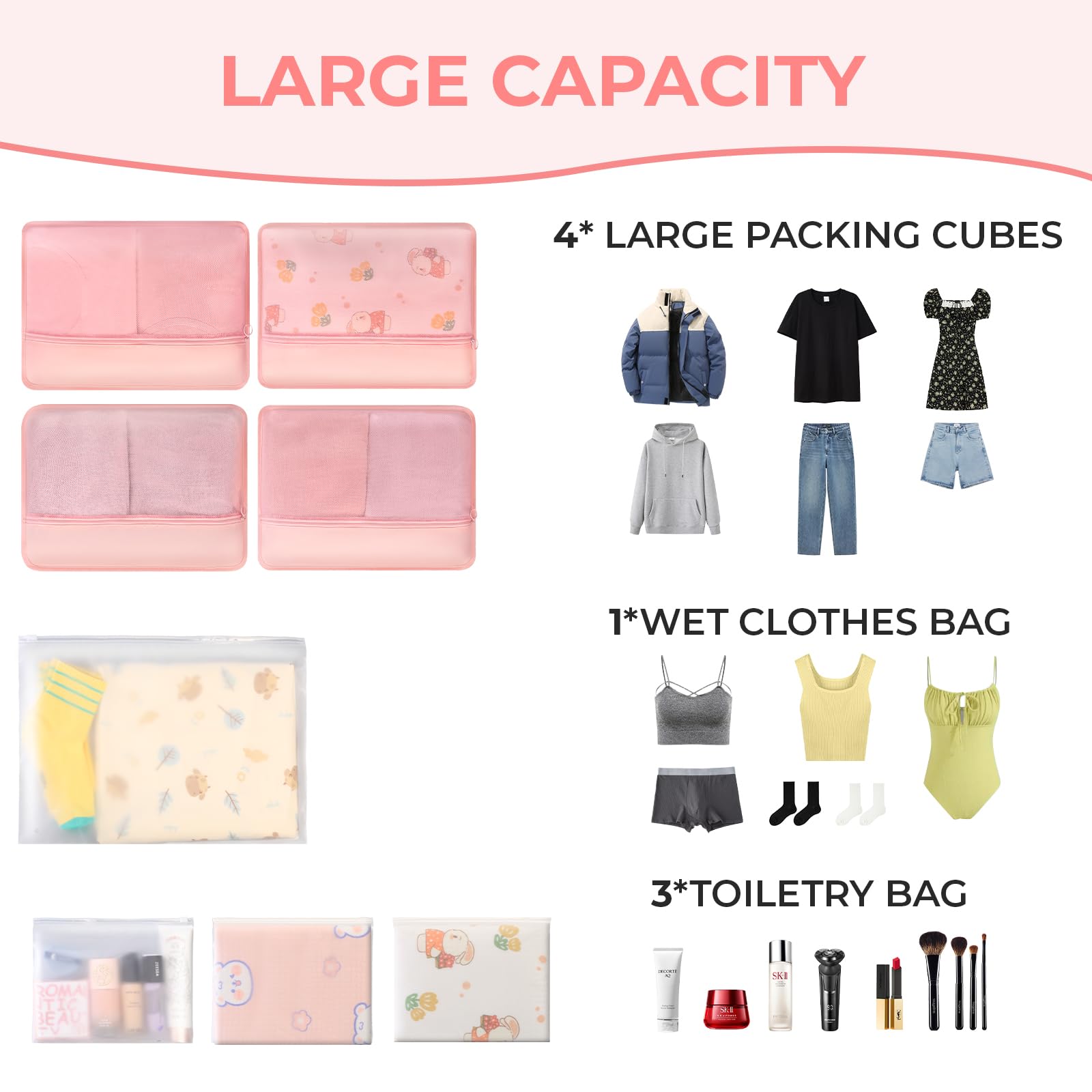 11-Piece Travel Packing Cubes Set - Durable Suitcase Organizer with Separate Compartments for Clean & Dirty Clothes | Perfect for Business Trips, Vacations & Backpacking (Pink)