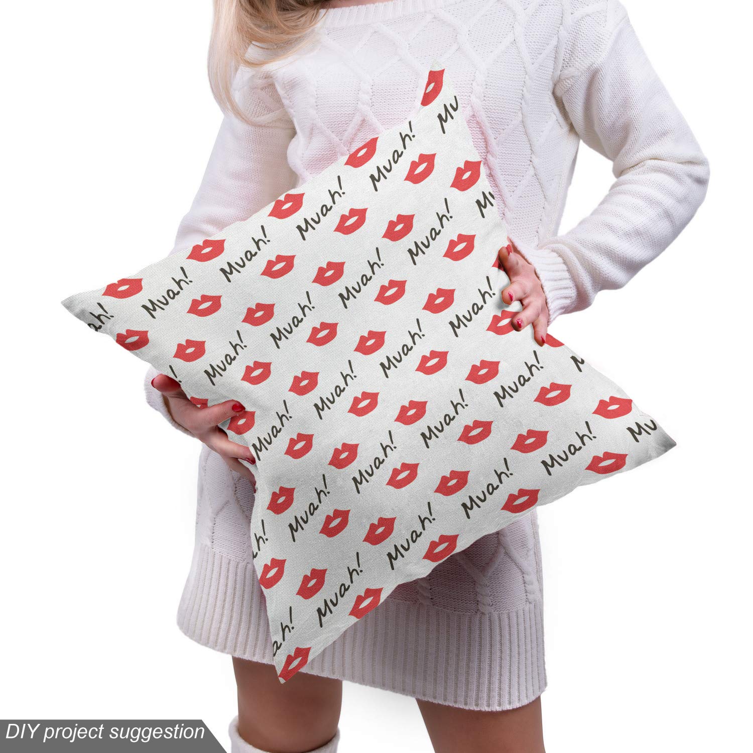 Ambesonne Red Lips Kiss Marks Fabric by The Yard - Romantic Feminine Pattern for Upholstery, Curtains & Home Decor - Valentine's Day Gift Idea - 10 Yards Vermilion White Fabric for DIY Crafts, Pillows & Fashion Accessories