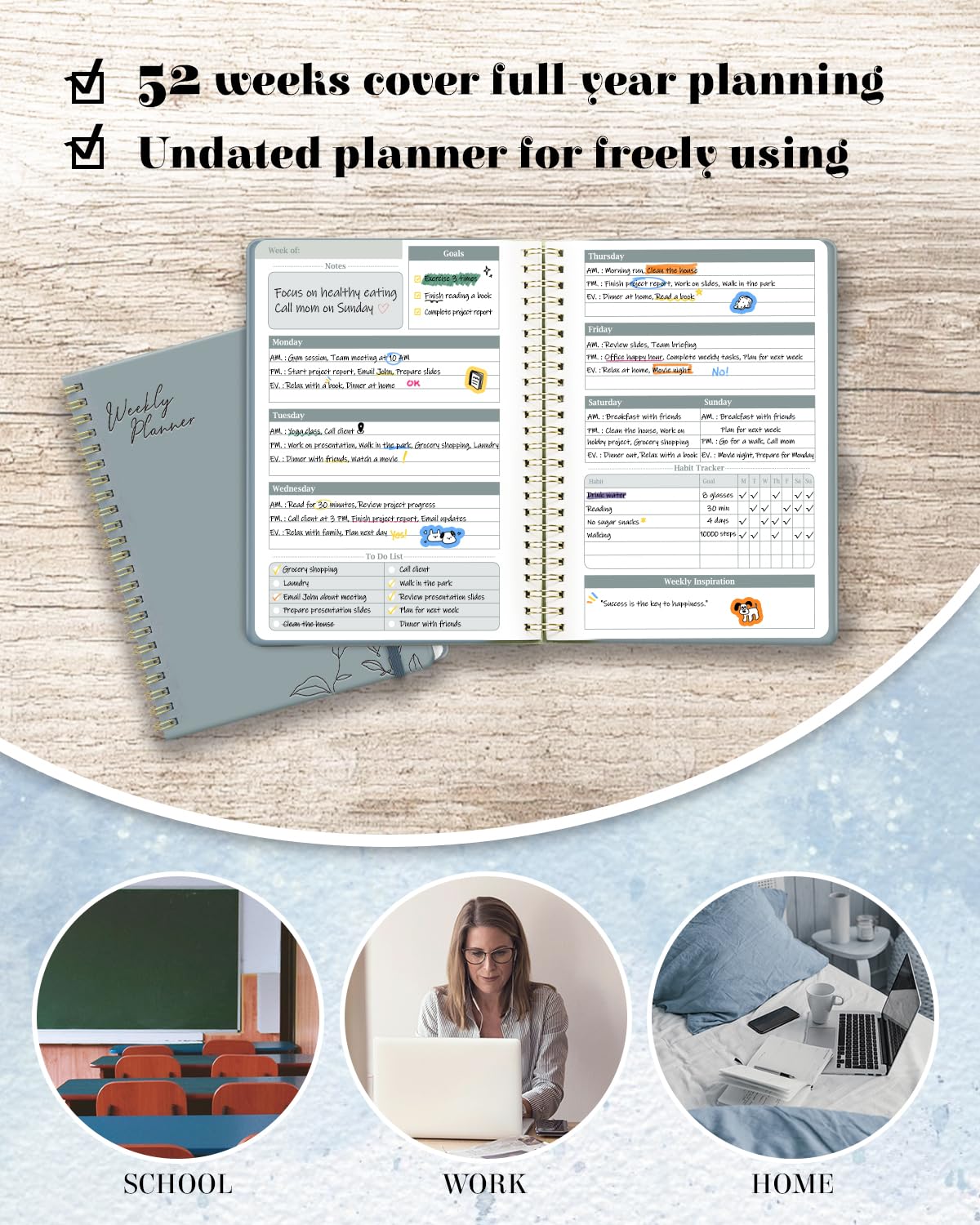 Undated Weekly Planner Notebook - A5 Spiral Bound 52-Week Organizer with Habit Tracker & To-Do Lists, 6.7