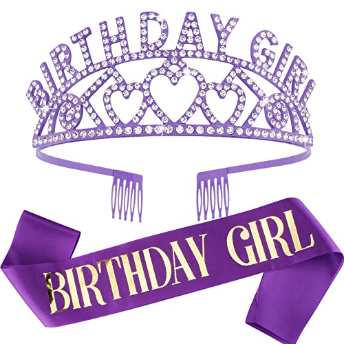 CIEHER Purple Birthday Decorations Set - Birthday Queen Crown & Sash Kit for Women & Girls - Sparkling Tiara & Sash Combo - Perfect Birthday Gifts for Women, Girls, Bachelorette Parties & Birthday Celebrations