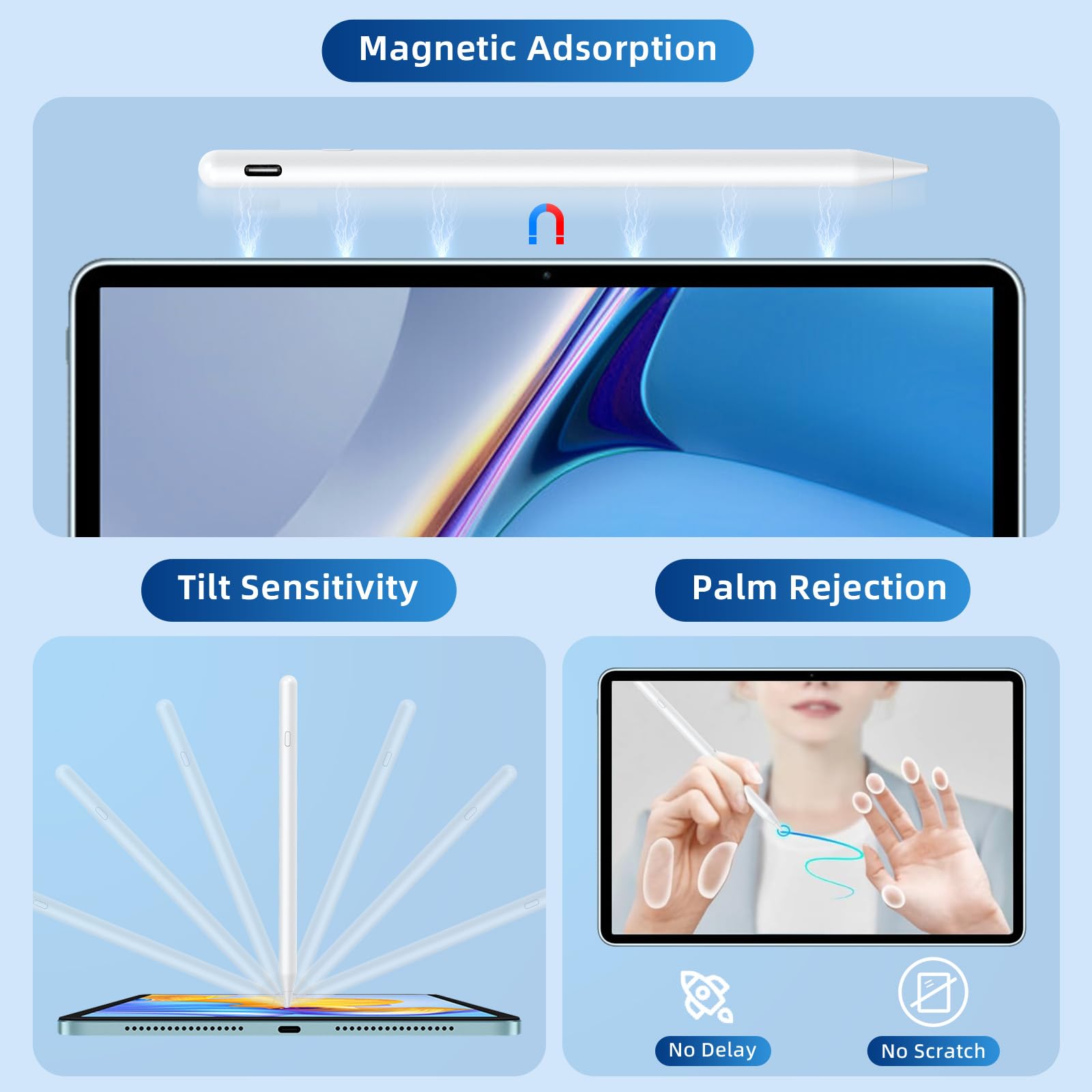 Fast Charging Stylus Pen for iPad (2018-2023) - 8-Minute Charge, Palm Rejection & Tilt Sensitivity - Compatible with iPad Pro 11